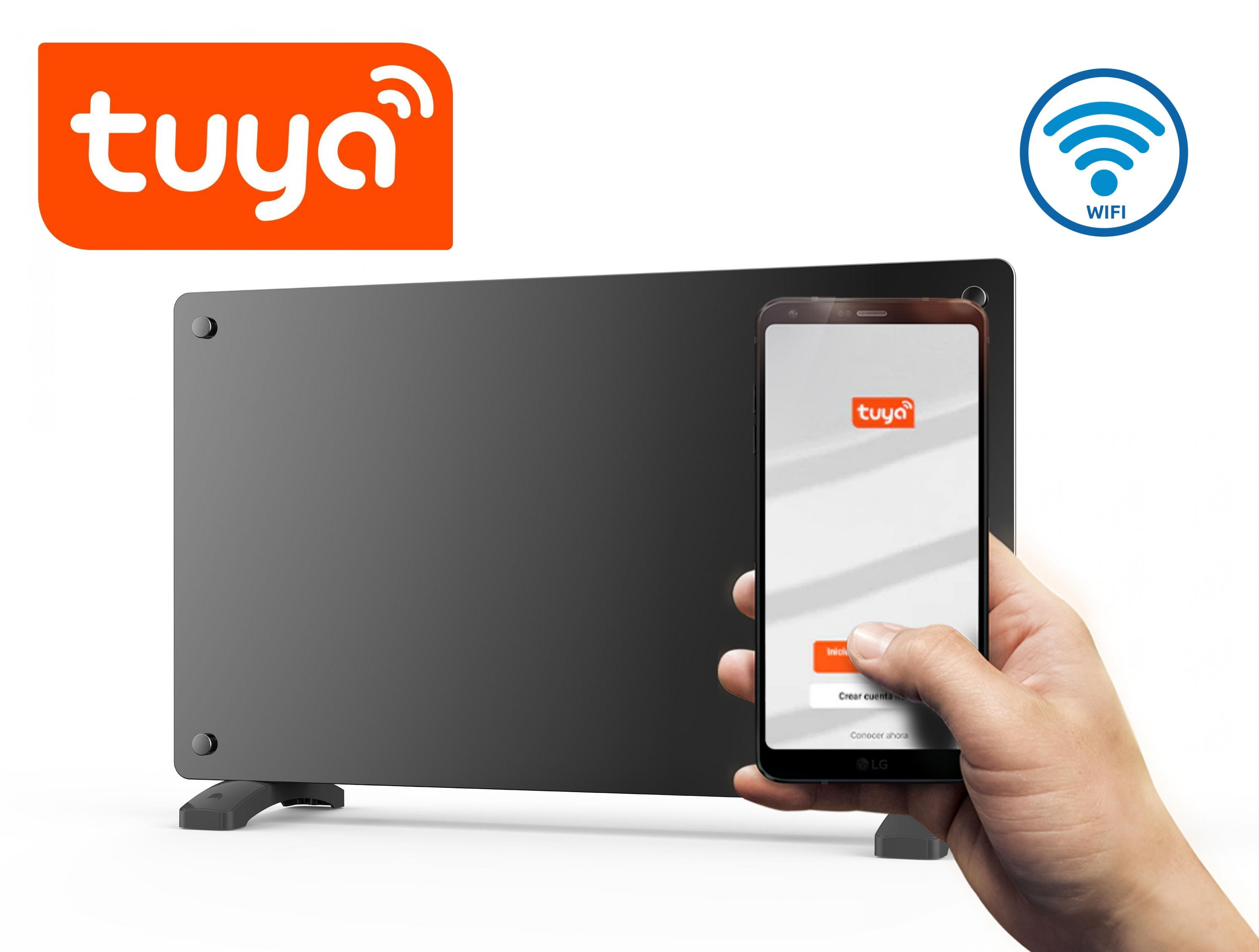 Un calefactor de panel negro con un teléfono que muestra la aplicación Tuya y los logotipos de Tuya y WiFi.