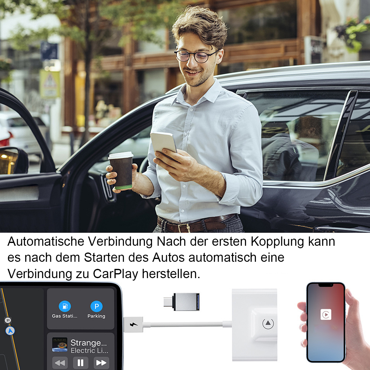Ein Mann hält ein Telefon und eine Kaffeetasse. Ein Auto ist im Hintergrund. Text auf Deutsch unten.