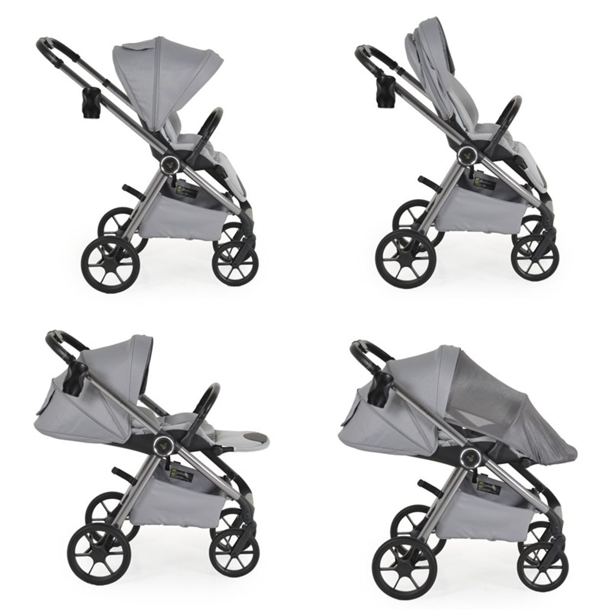 Vier Bilder zeigen einen Kinderwagen in verschiedenen Konfigurationen: mit Verdeck hoch, runter, mit Tablett, bedeckt.