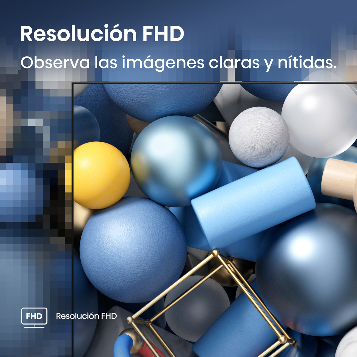 Obraz abstrakcyjny: niebieskie i żółte sfery, kształty cylindryczne, czarna ramka i tekst.