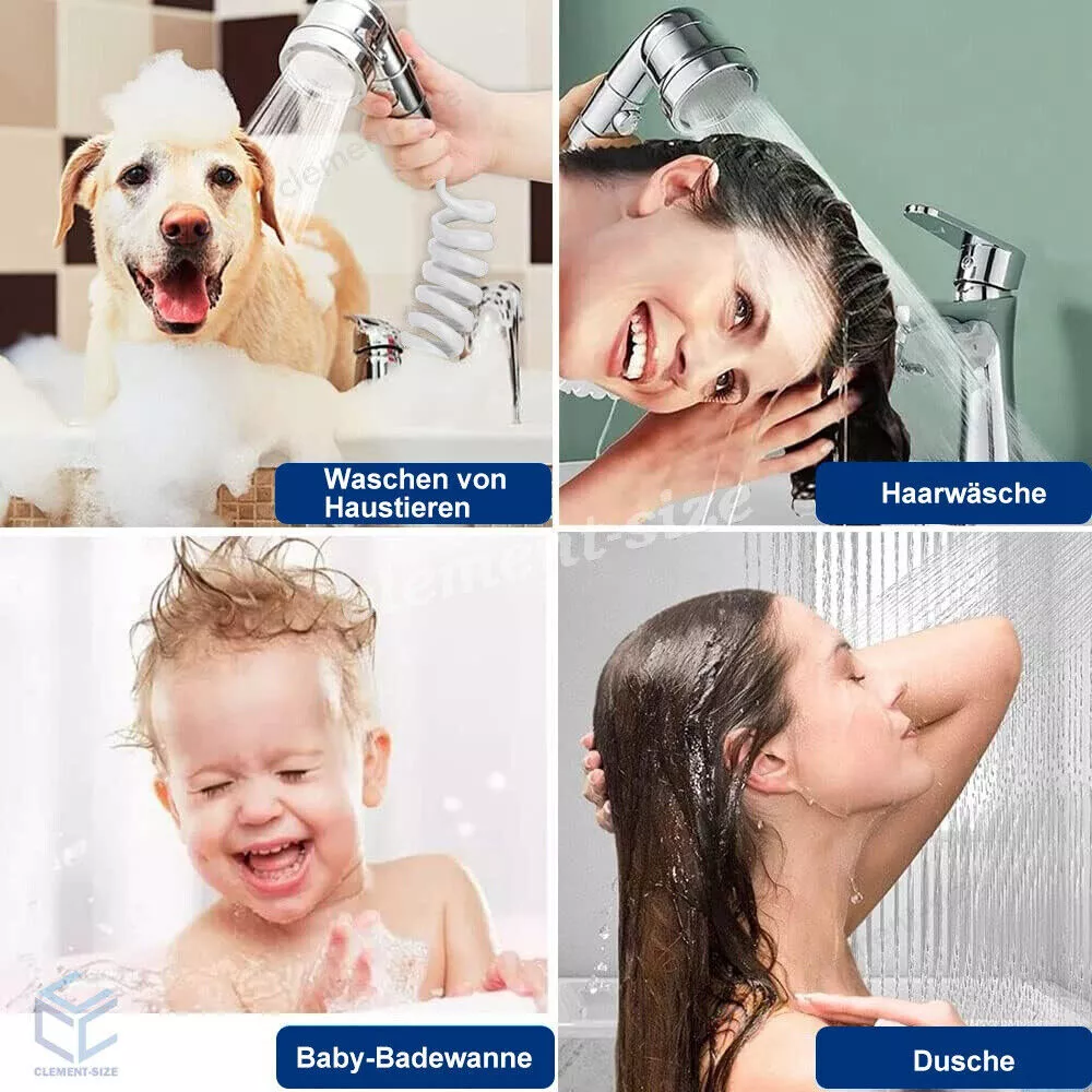 Vier Bilder, die einen Hund, eine Frau, ein Baby und eine Frau mit einer Duschbrause beim Waschen zeigen.