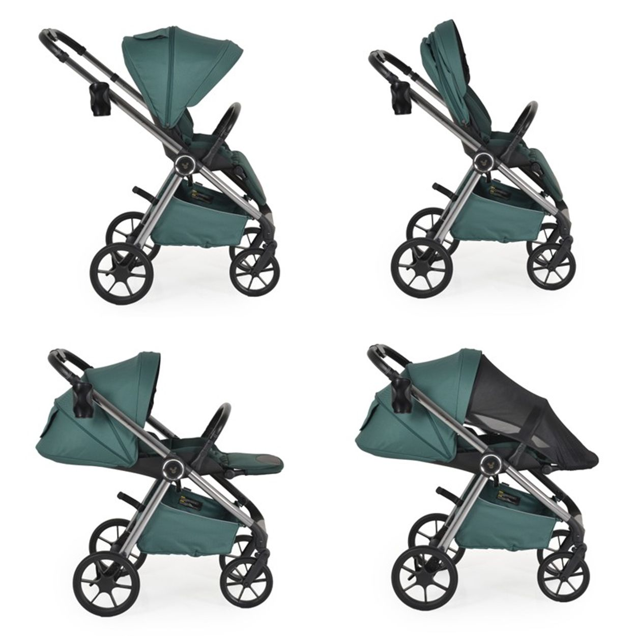 Vier Bilder eines grünen Kinderwagens. Jedes zeigt eine andere Konfiguration, einschließlich zusammengeklappter und offener Positionen.