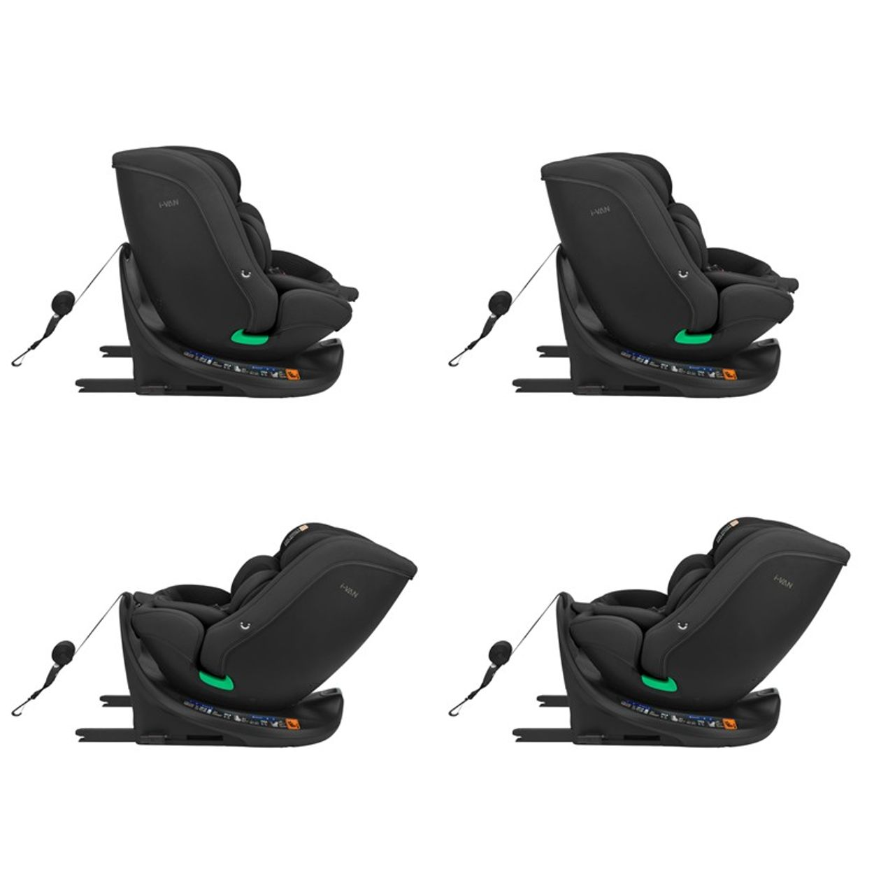 Vier Bilder eines schwarzen Autositzes. Jedes Bild zeigt den Sitz aus einem anderen Winkel und einer anderen Position.
