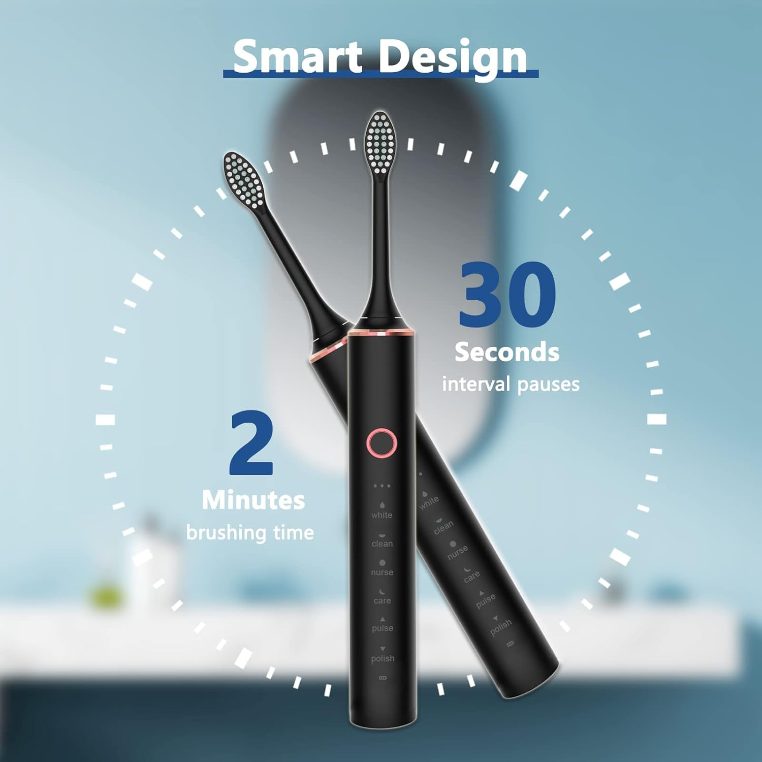 Zwei schwarze elektrische Zahnbürsten mit dem Text "Smart Design".