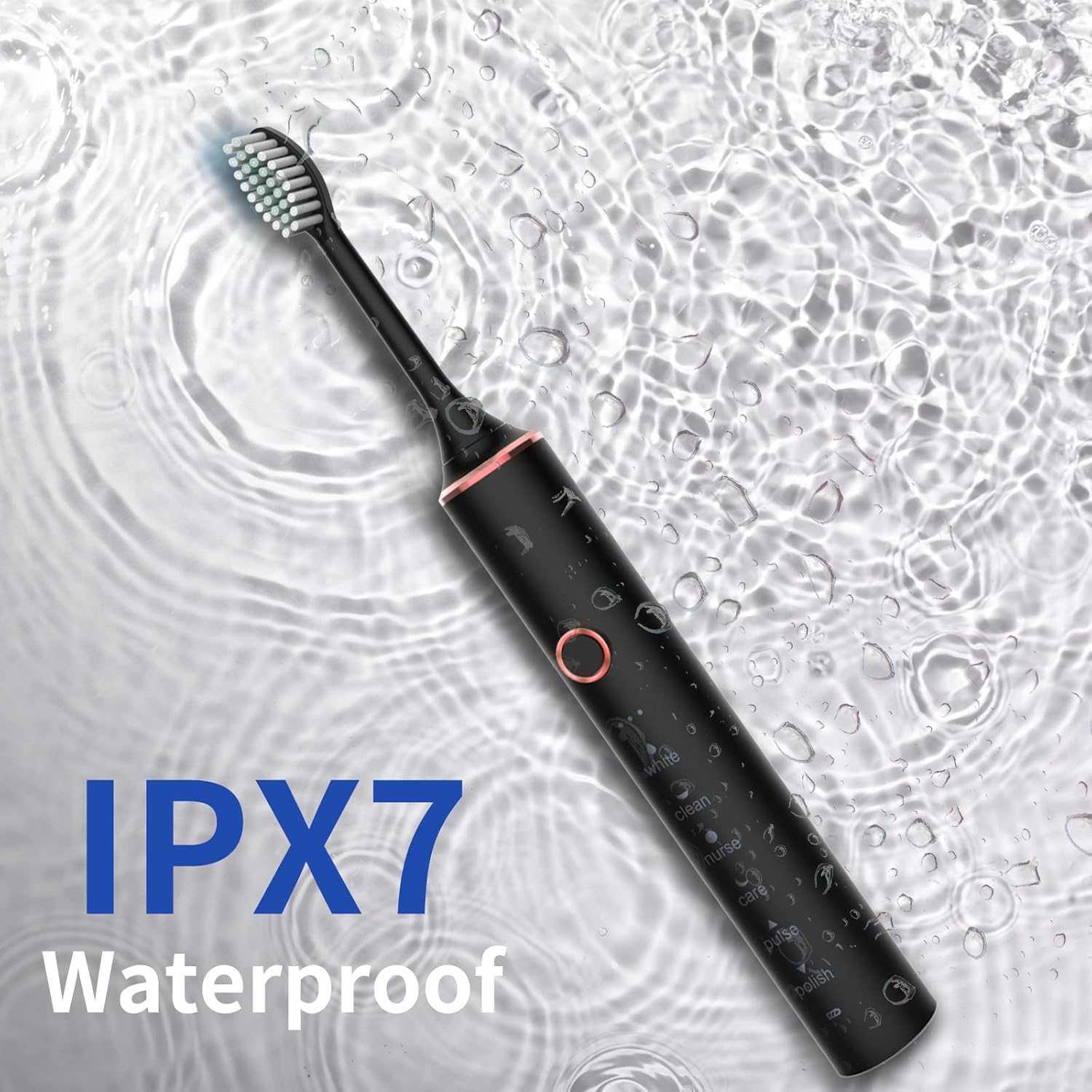 Schwarze elektrische Zahnbürste unter Wasser mit dem Text "IPX7 Wasserdicht".