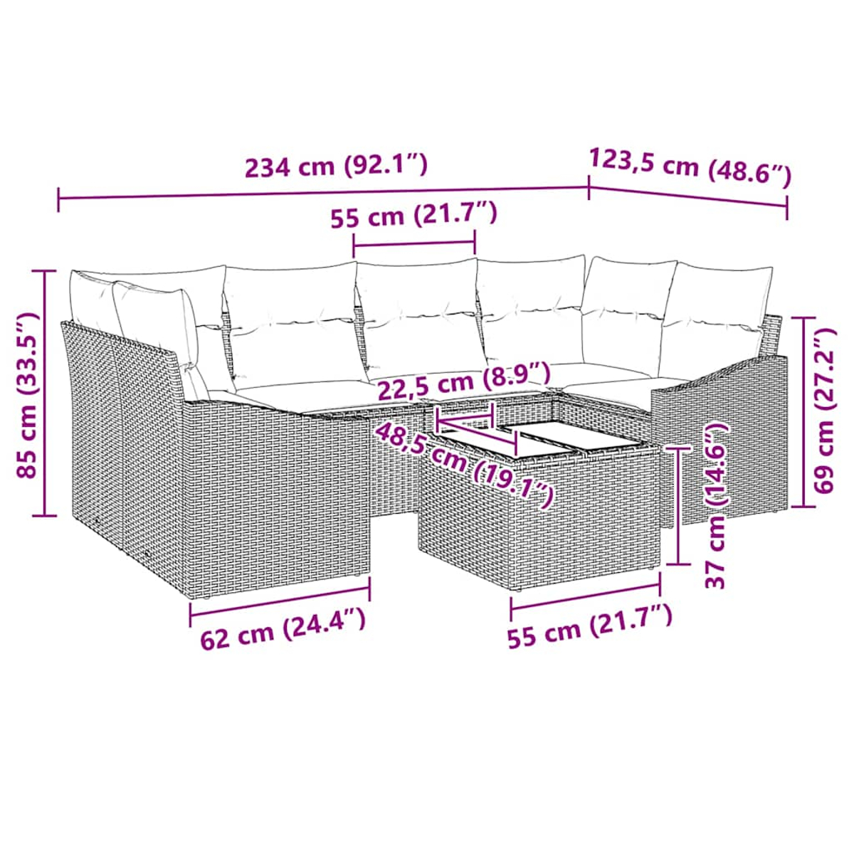 Ein korbähnliches Sofaset mit Couchtisch, Maße in cm und Zoll.