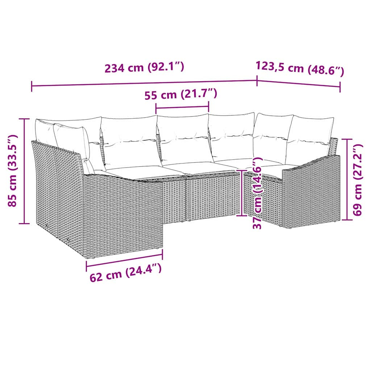 Geflochtenes Ecksofa mit Maßangaben. Kissen sind weiß.