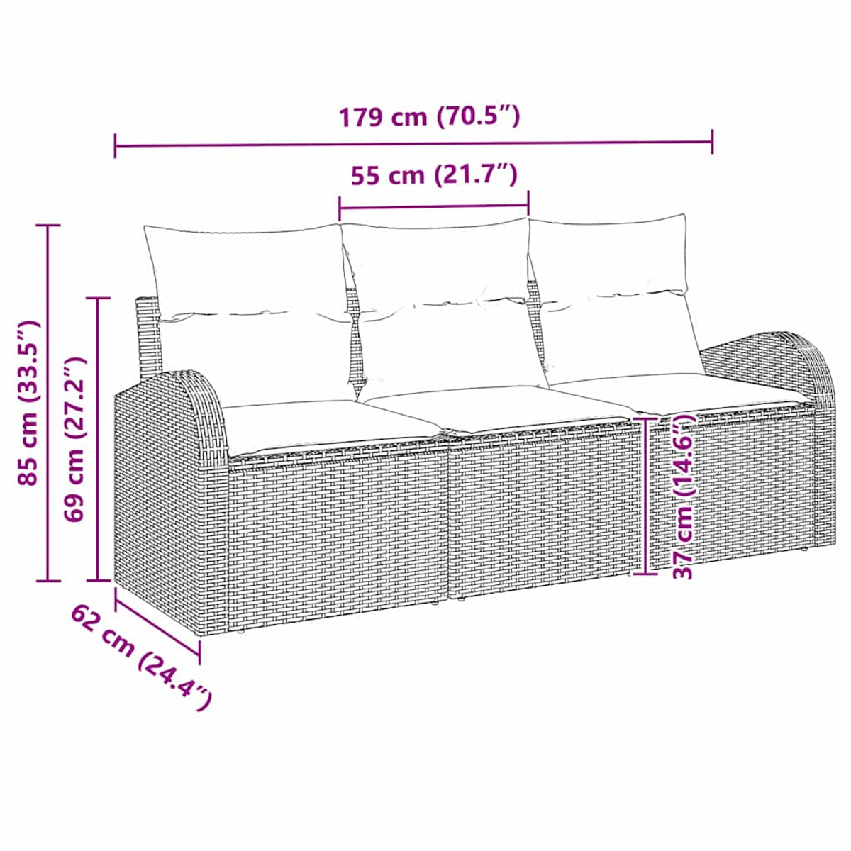 Geflochtenes Sofa mit Maßen. Es hat Kissen.