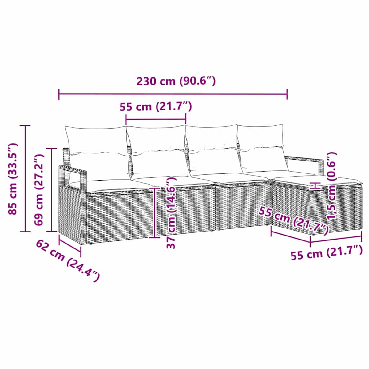 Diagramm zeigt ein großes Outdoor-Sofa aus Korbgeflecht mit Abmessungen, einschließlich Kissen und Hocker.