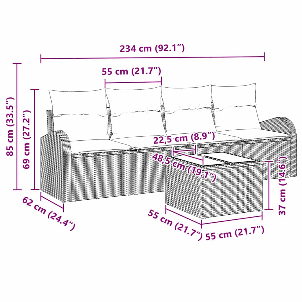 Geflochtenes Sofaset mit Maßen und einem Tisch davor.
