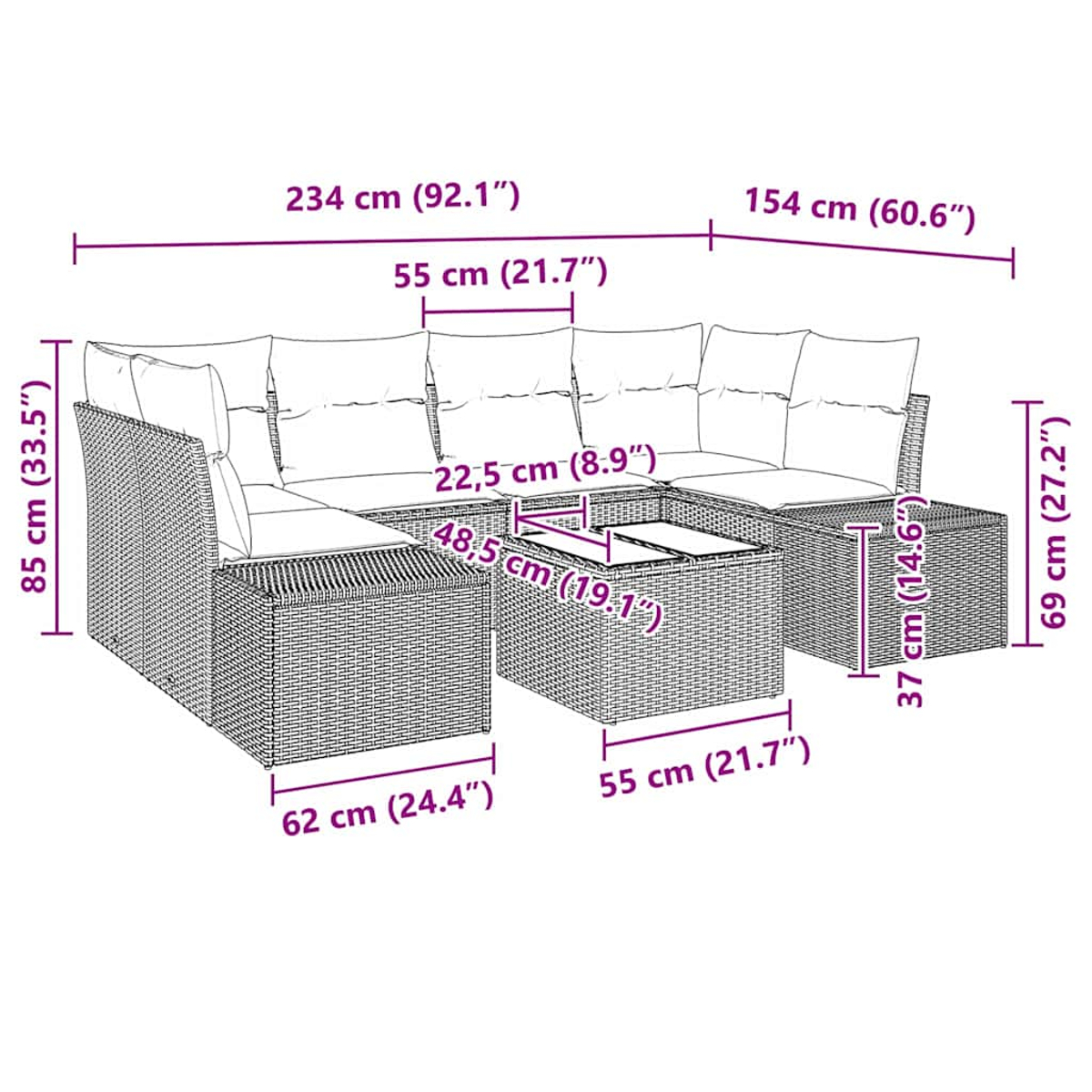 Ein geflochtenes Ecksofa und Tisch mit angezeigten Maßen.
