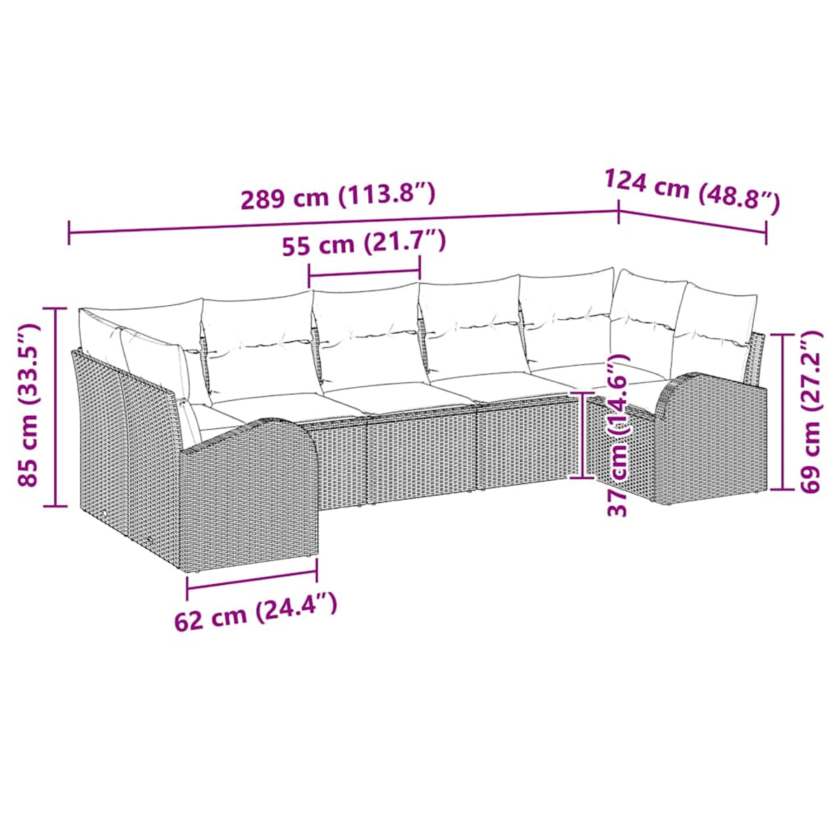 Ein geflochtenes Ecksofa mit angezeigten Maßen.