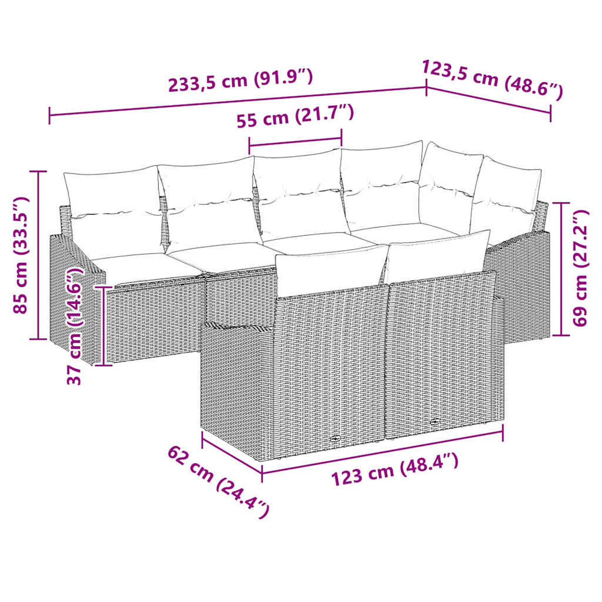 Ein Outdoor-Ecksofa mit Etiketten. Es hat Kissen und eine gewebte Textur.