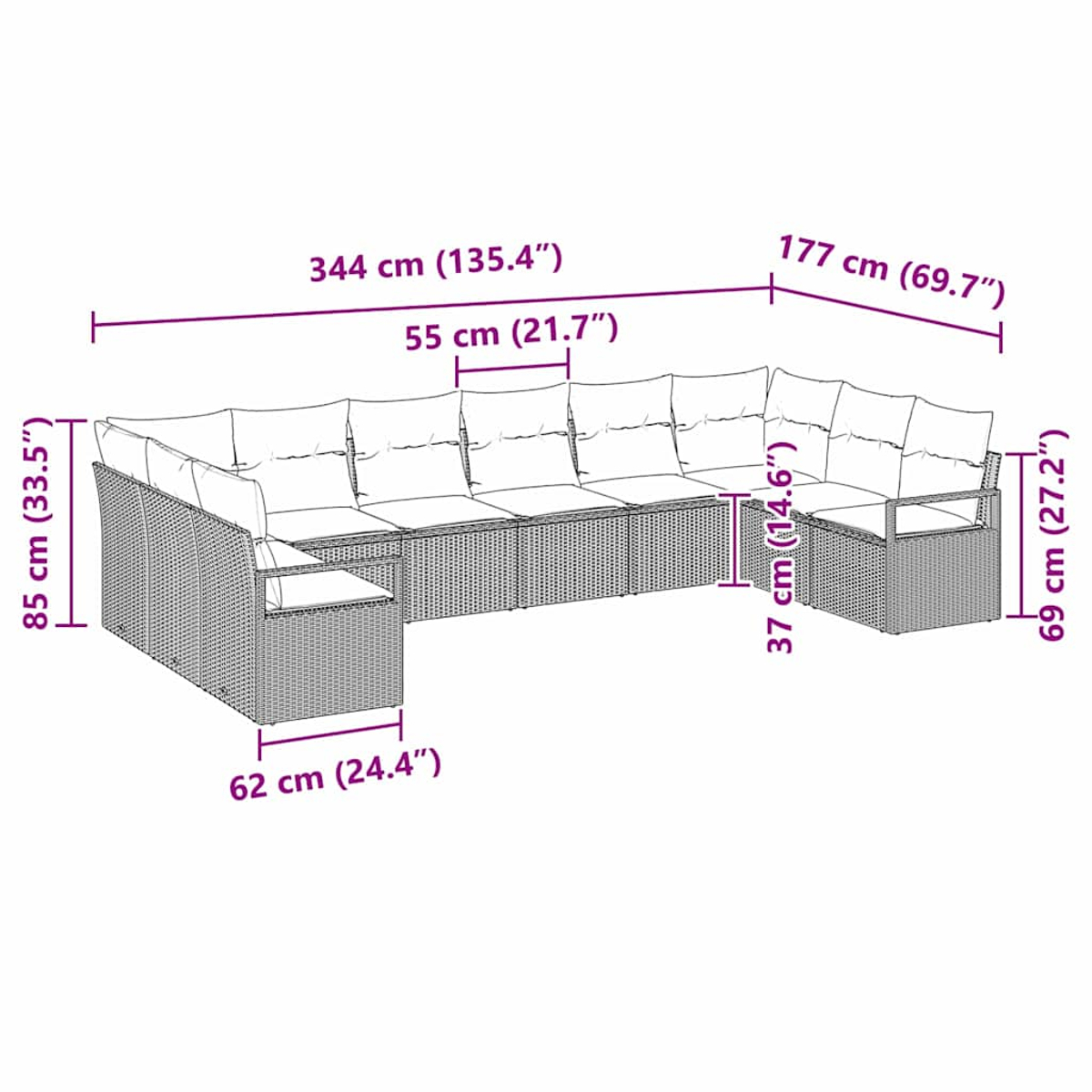 Geflochtenes Ecksofa mit angezeigten Maßen.