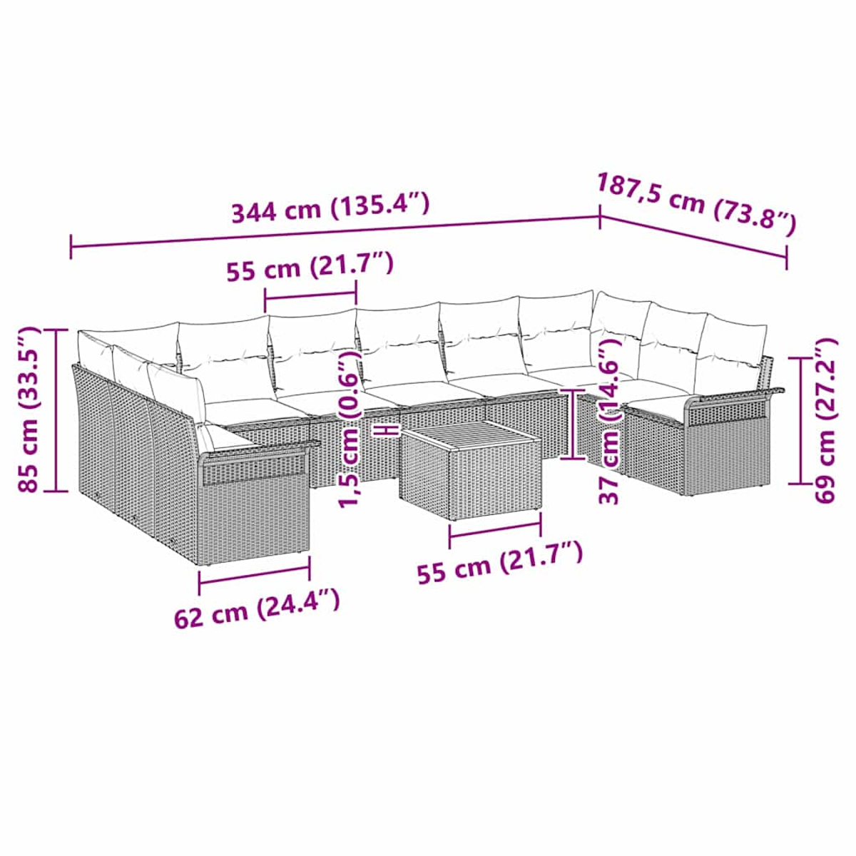 Ein Ecksofa für den Außenbereich mit Abmessungen in cm und Zoll, vor weißem Hintergrund.