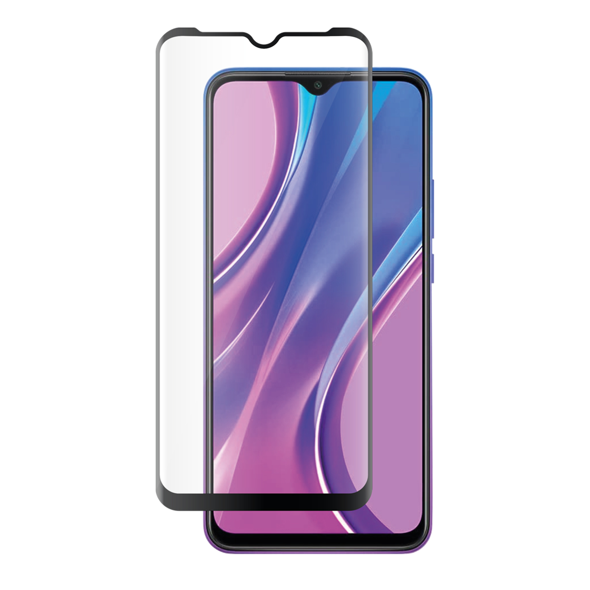 Un telefono con una protezione per lo schermo. Il telefono è blu e viola e la protezione per lo schermo è trasparente.
