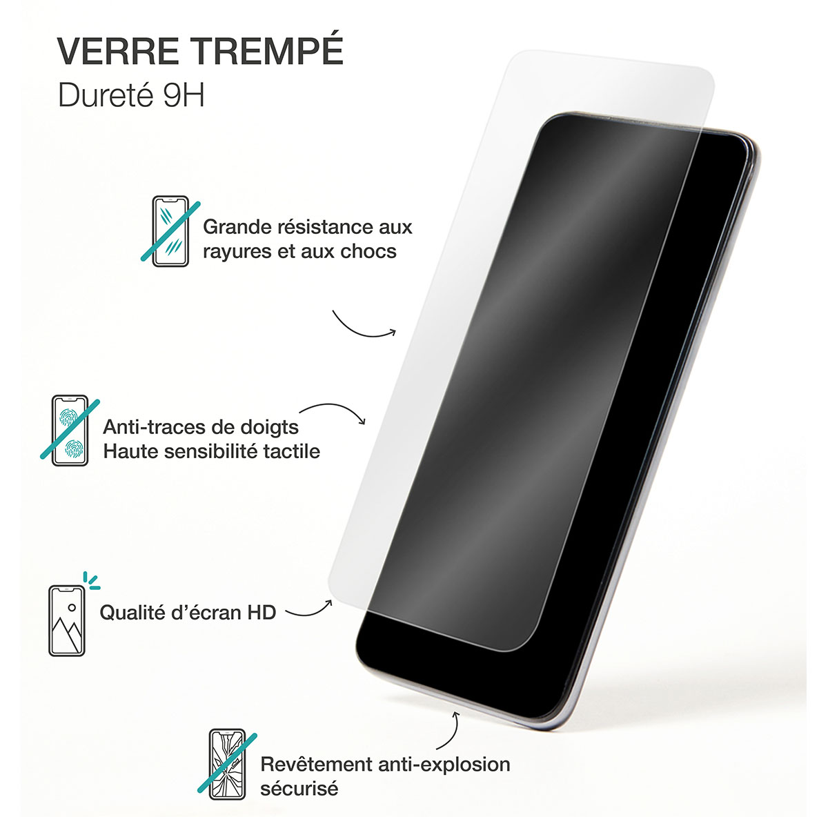 Een schermbeschermer voor telefoons met een telefoon. Kenmerken zoals krasbestendigheid en vingerafdrukvermindering worden getoond.