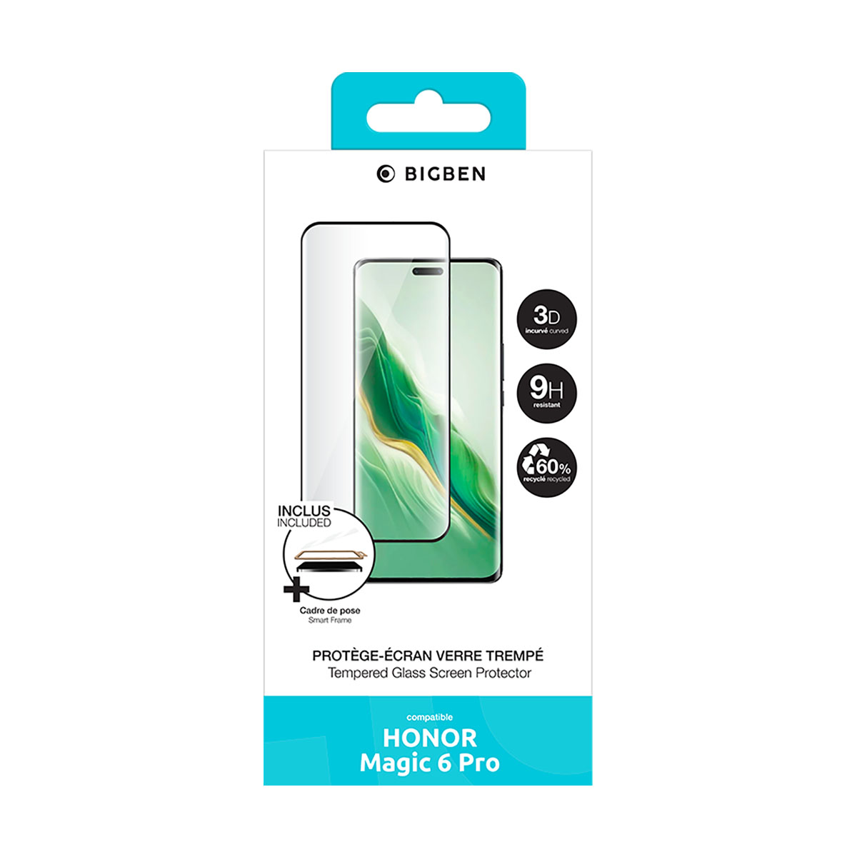 Verpakte schermbeschermer voor een Honor Magic 6 Pro. Inclusief functiepictogrammen en een telefoonafbeelding.