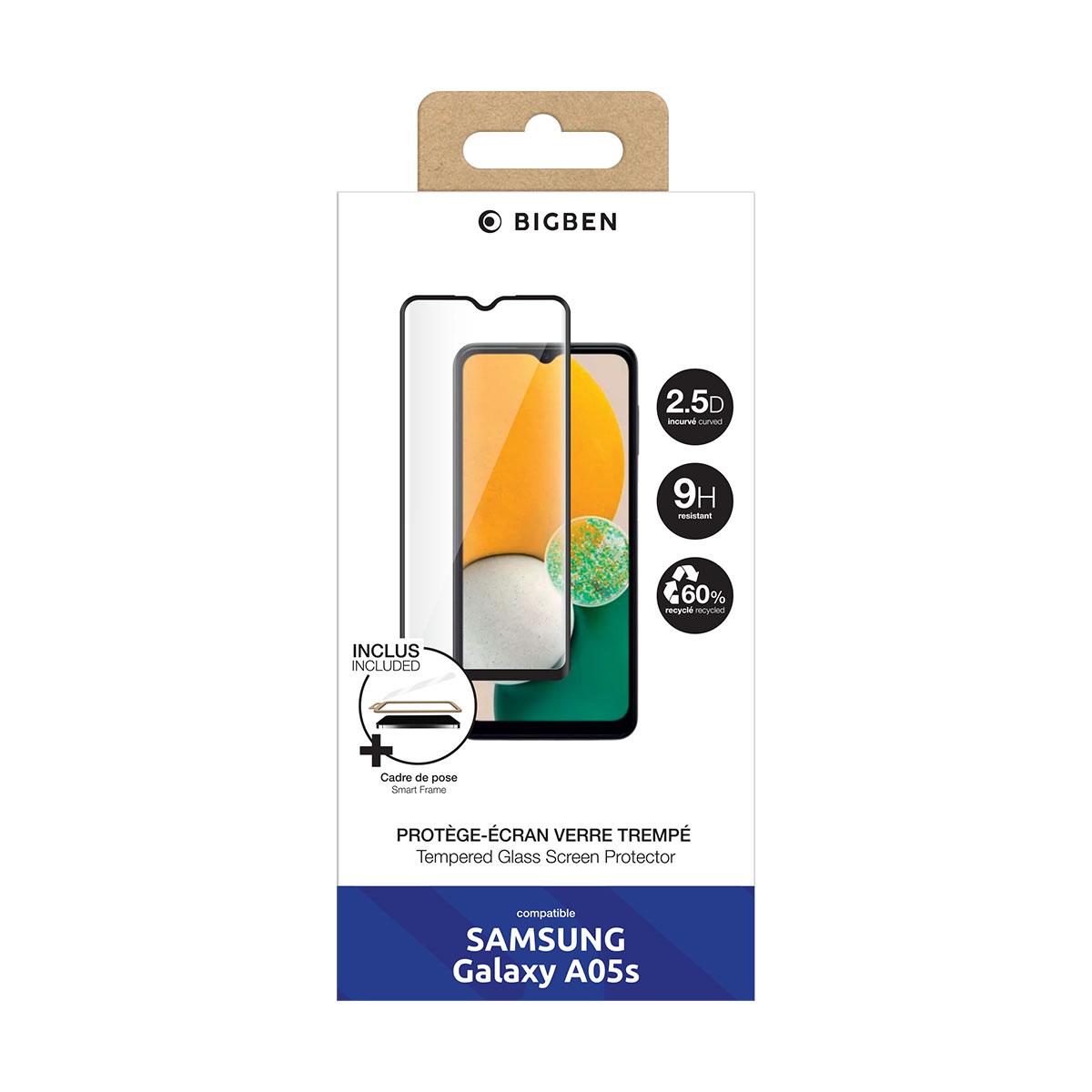 Protezione schermo in scatola per un Samsung Galaxy A05s. L'immagine del telefono mostra uno sfondo arancione e bianco.