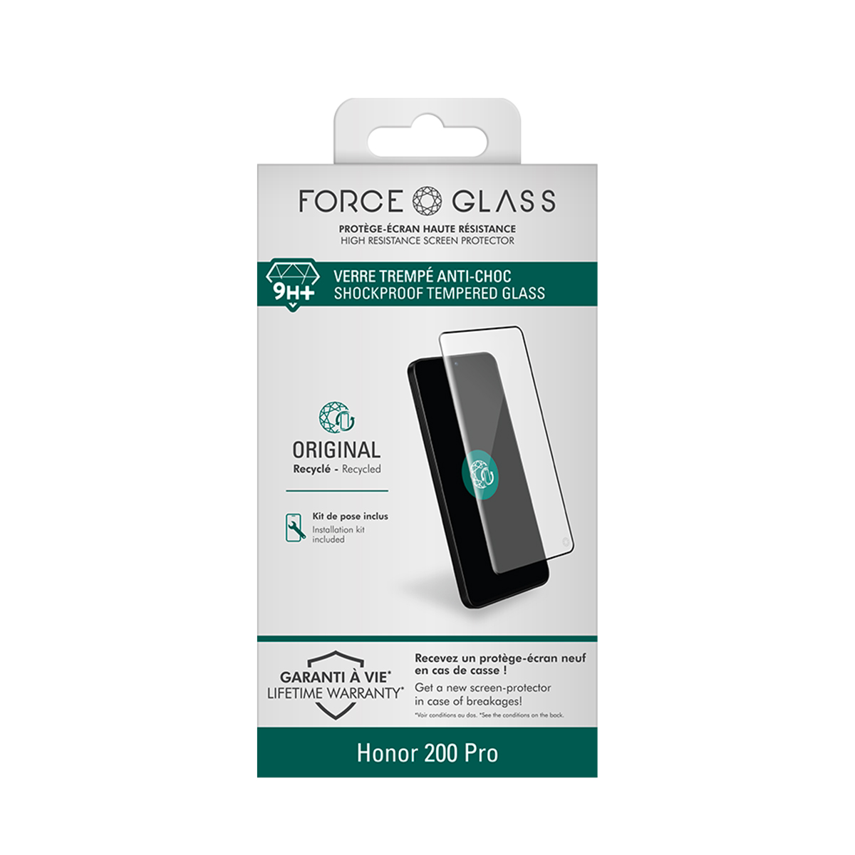 Protezione schermo in scatola di Force Glass per un Honor 200 Pro. Include testo della garanzia a vita.