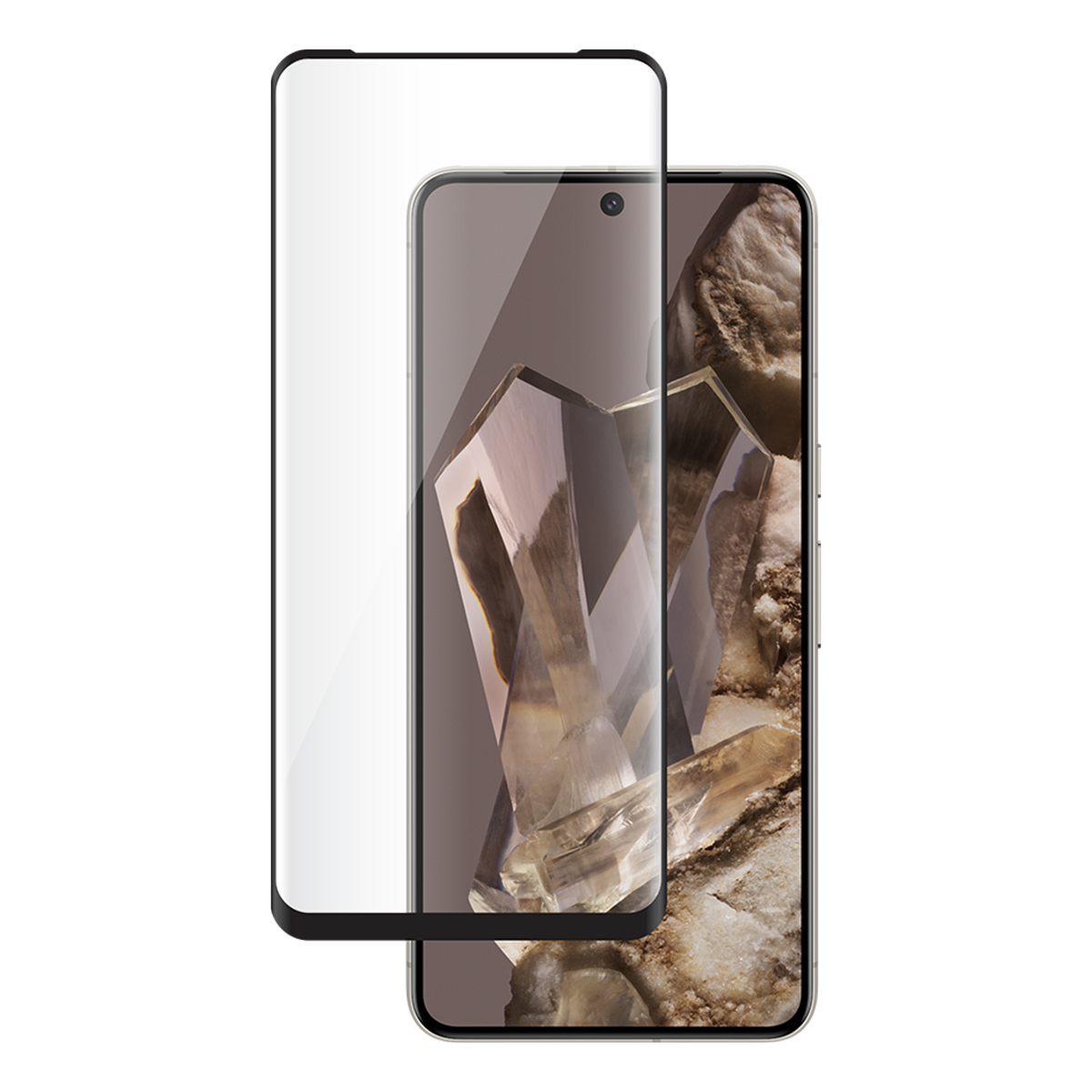 Twee telefoons met schermbeschermers. Eén is helder, de andere toont een beige minerale textuur.