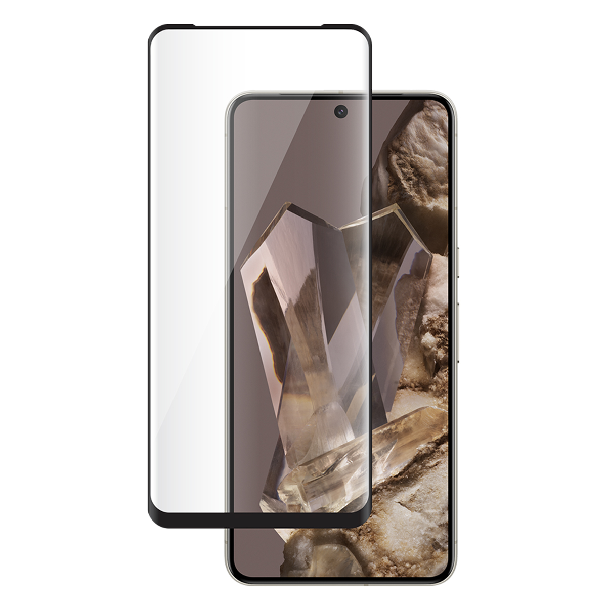 Een telefoon met een schermbeschermer. De beschermer en de telefoon staan op een vage achtergrond. De telefoon is lichtgekleurd.