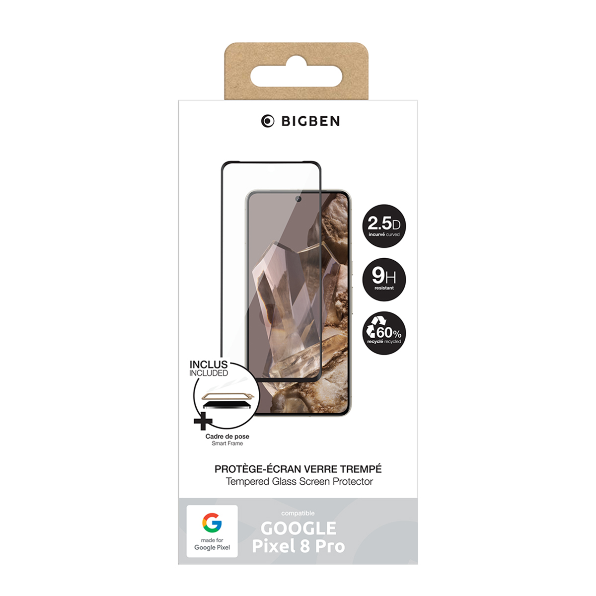 Verpakte schermbeschermer voor een Google Pixel 8 Pro. De telefoonafbeelding toont een mineraalachtige textuur.