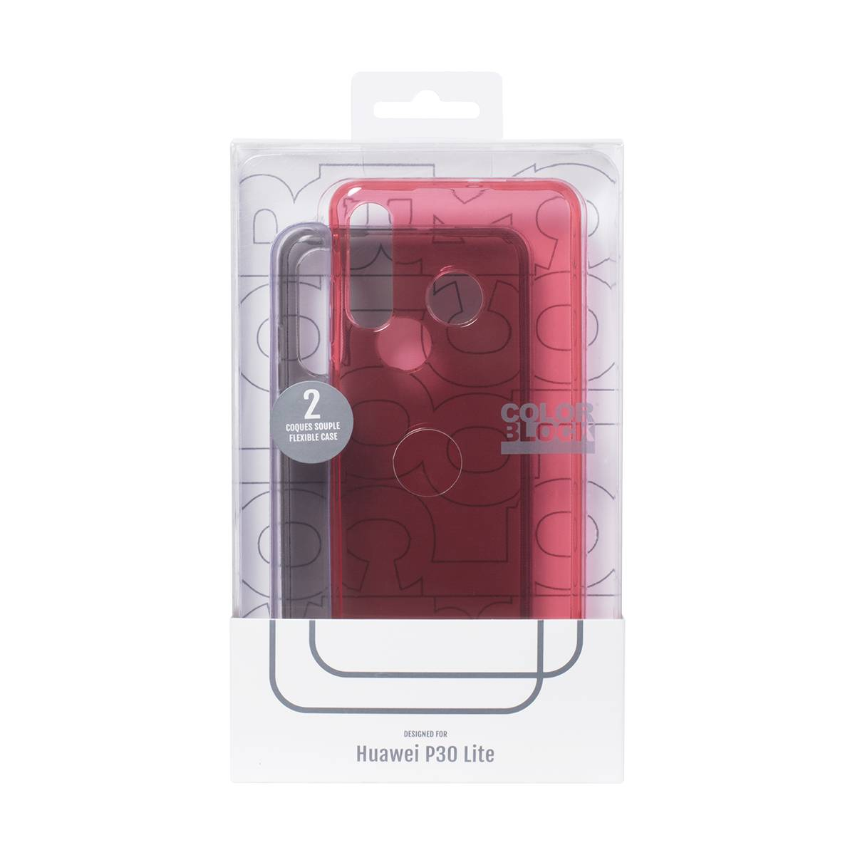 Una custodia trasparente per un Huawei P30 Lite. Due custodie in una scatola di plastica trasparente.