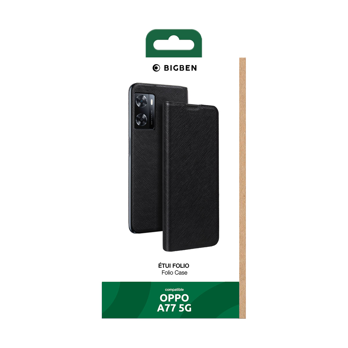 Custodia a libro nera per Oppo A77 5G, con telefono e custodia su sfondo bianco.