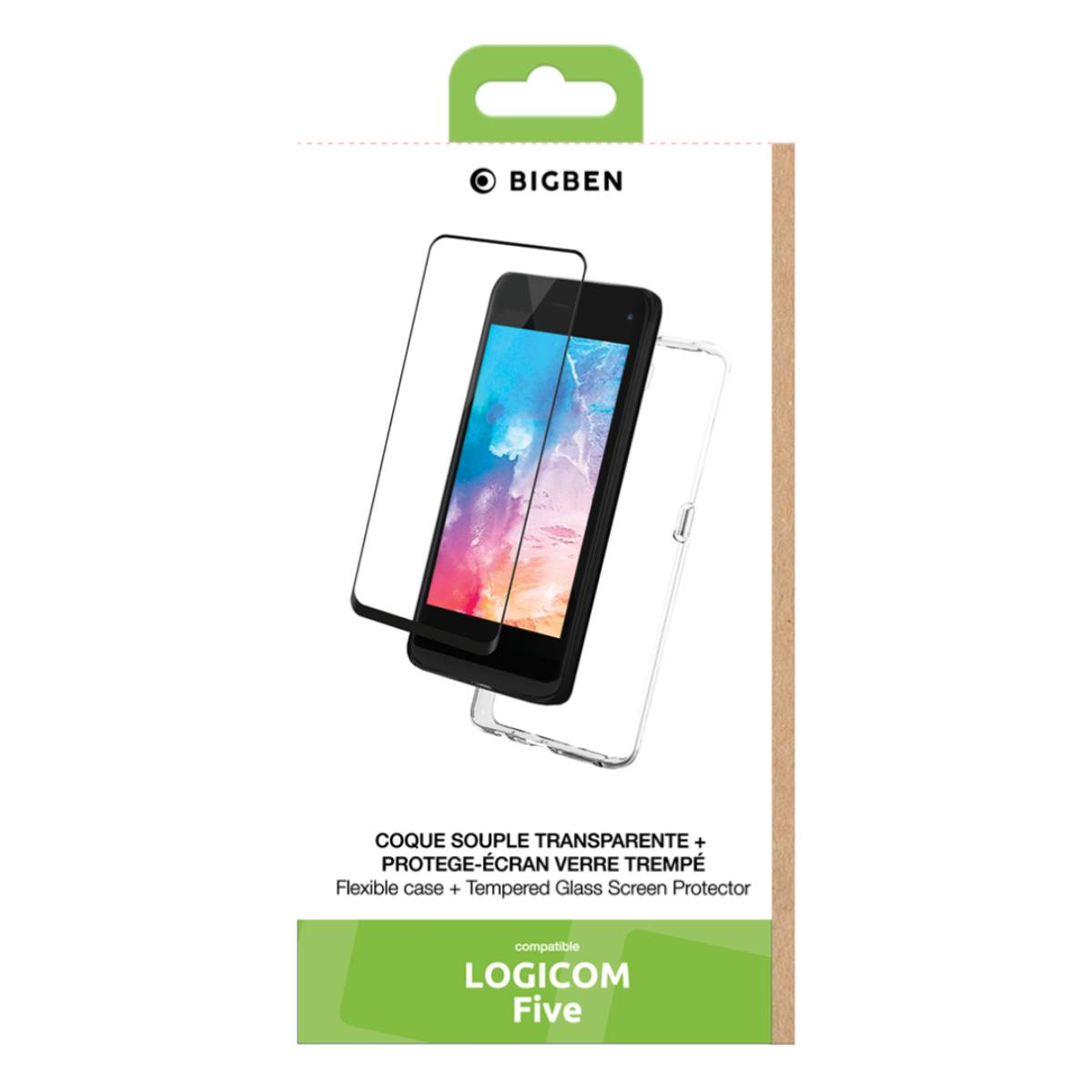 Displayschutzfolie und flexible Hülle für ein Logicom Five Telefon, auf weißem Hintergrund.