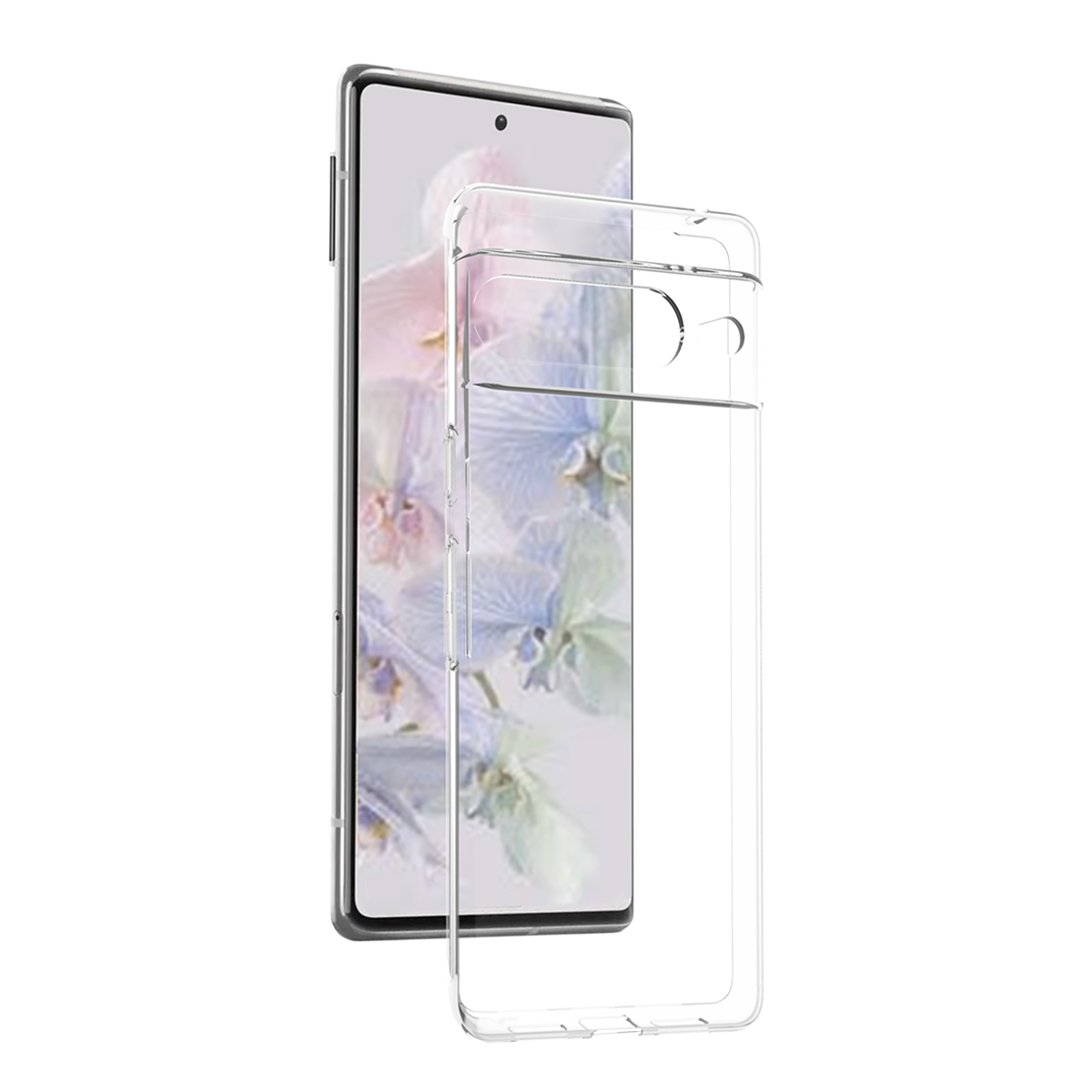 Transparente Handyhülle und Telefon, mit einem Blumenbild auf dem Bildschirm, auf weißem Hintergrund.