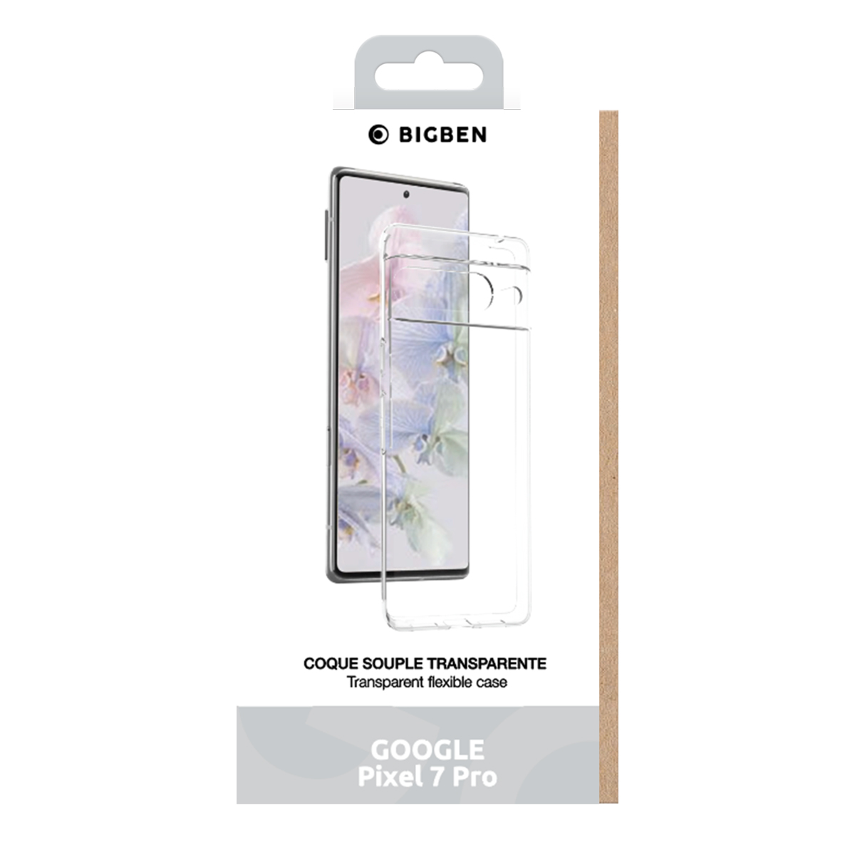 Transparente Handyhülle und Telefon, auf weißem Hintergrund. Das Telefon ist ein Google Pixel 7 Pro.