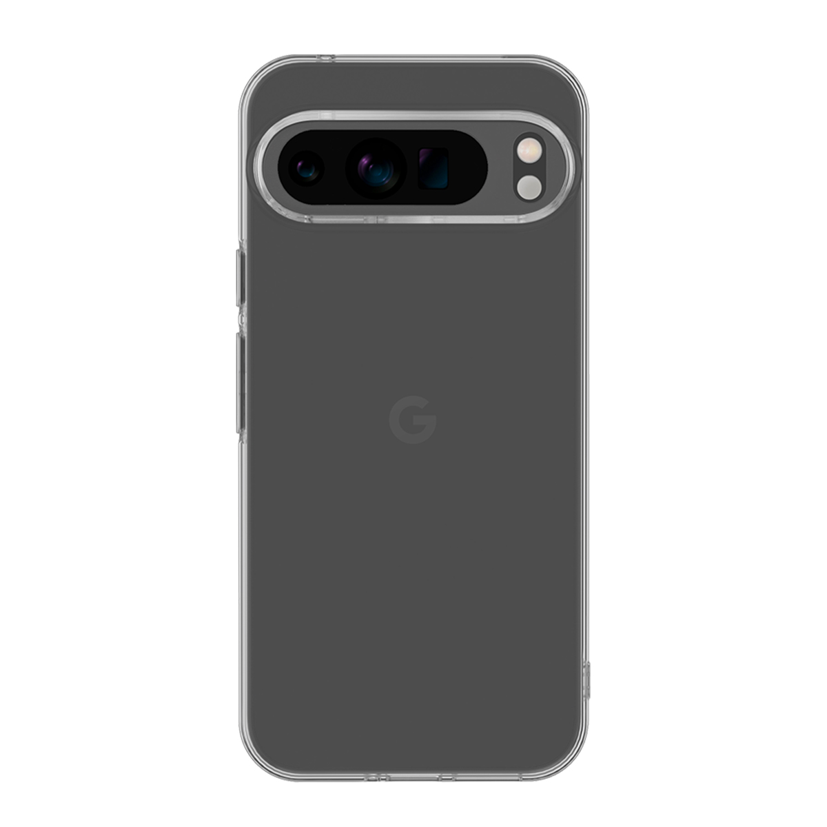 Transparente Handyhülle auf einem Telefon, Kamera und Blitz sichtbar, auf weißem Hintergrund.