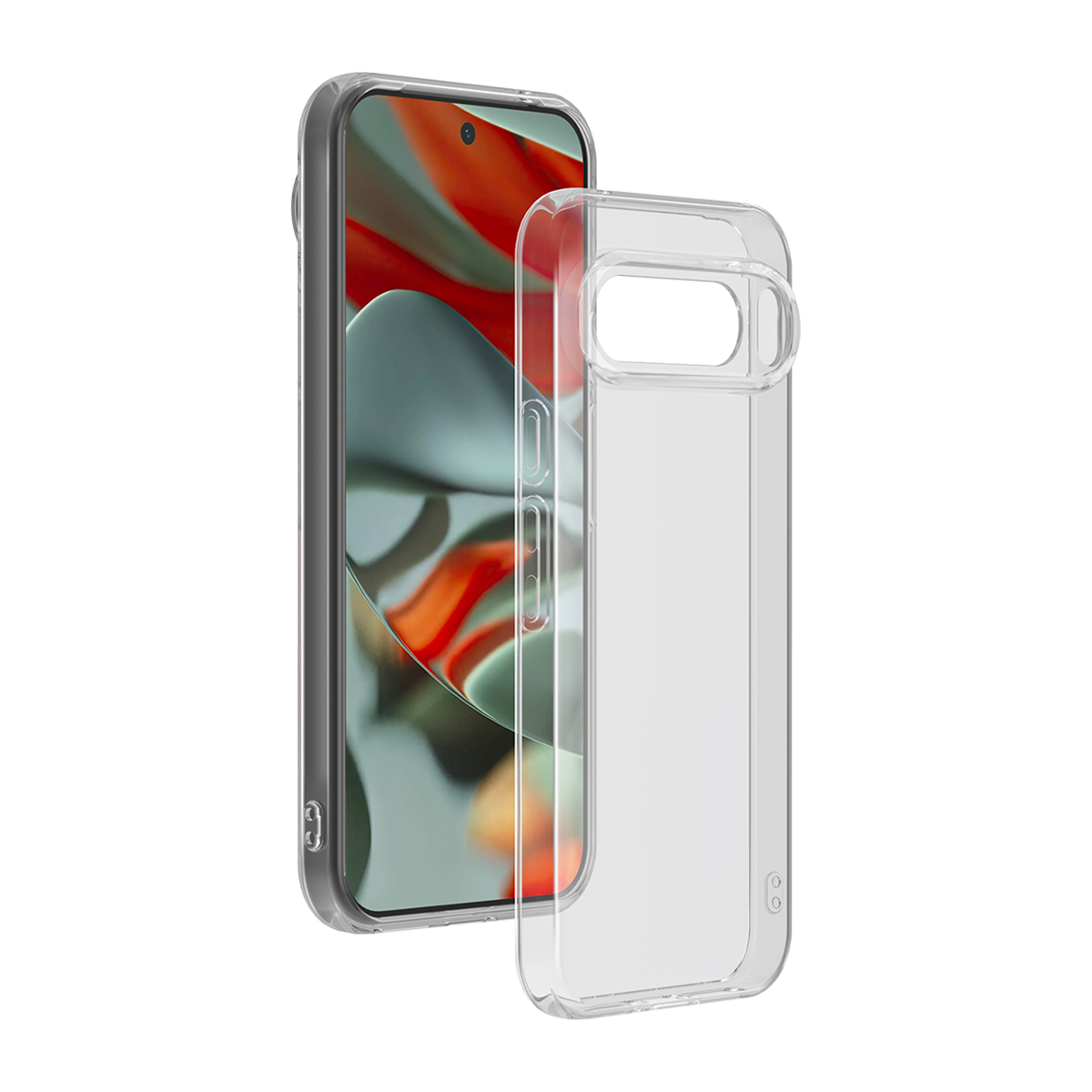 Transparente Handyhülle und Telefon, auf weißem Hintergrund. Telefon ist ein Redmi.