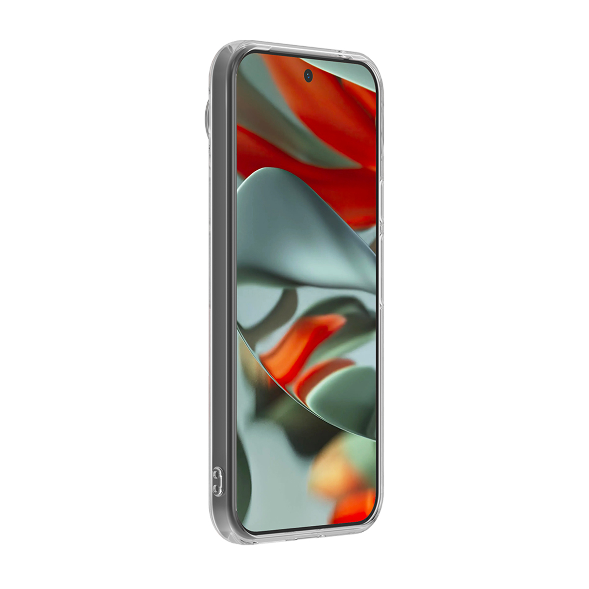 Transparente Handyhülle auf einem Telefon, auf weißem Hintergrund. Telefon ist ein Redmi.