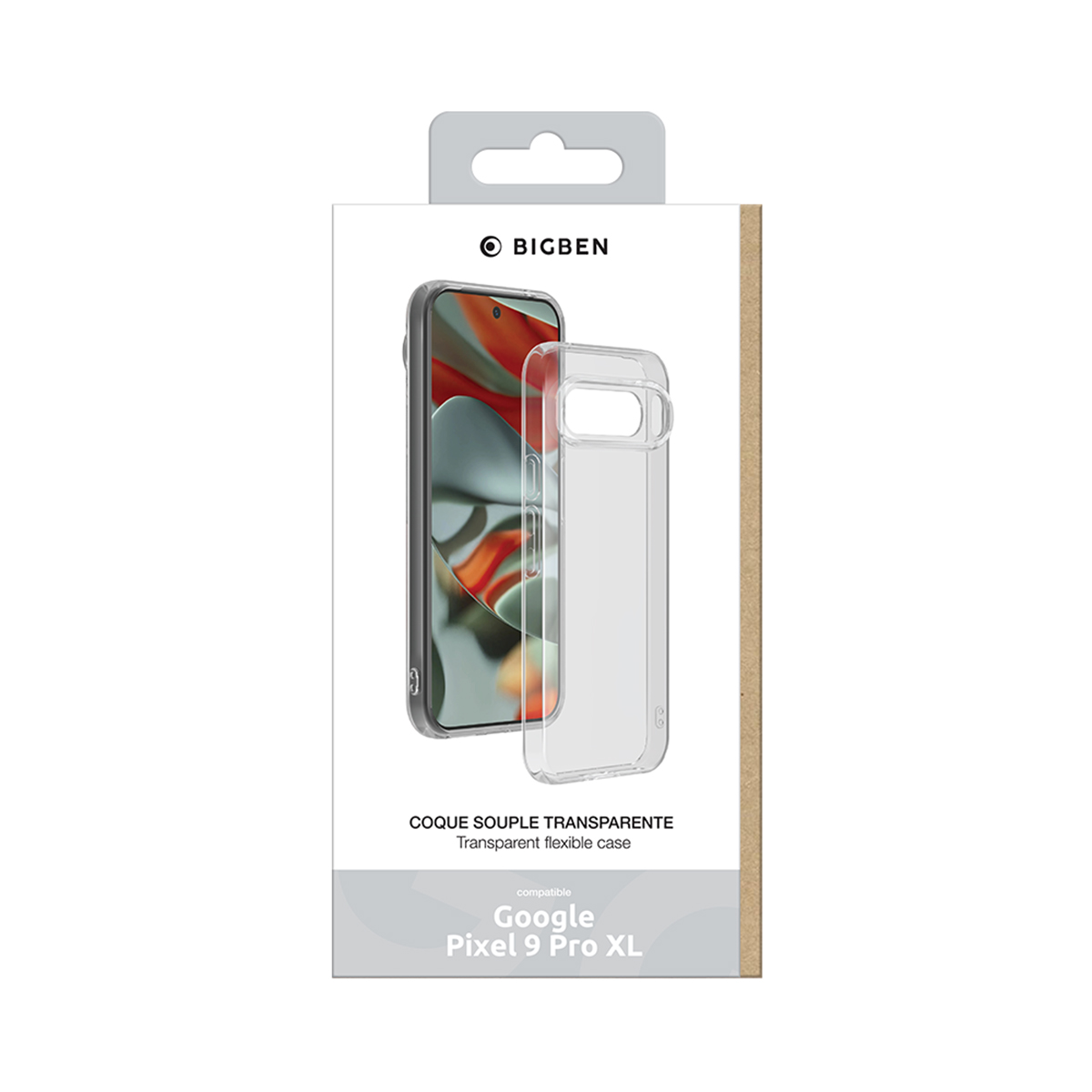 Transparente Handyhülle und Telefon, auf weißem Hintergrund. Das Telefon ist ein Google Pixel 9 Pro XL.