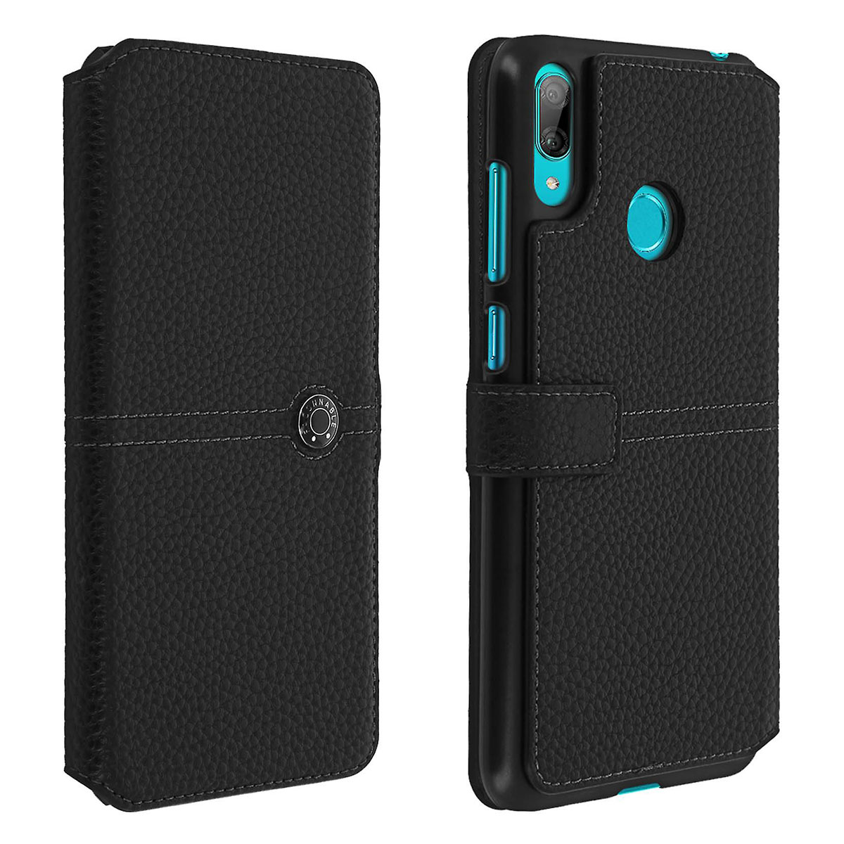 Schwarze Handyhülle mit schwarzem Telefon, auf weißem Hintergrund. Die Hülle hat Nähte.