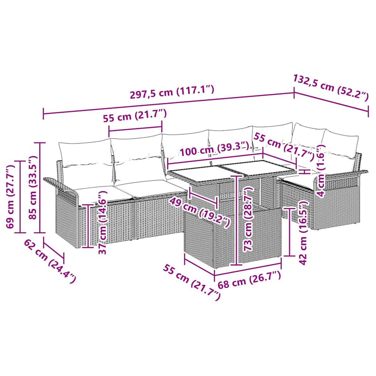 Diagramm eines Outdoor-Ecksofas und -Tisches im Wicker-Stil mit Maßangaben in cm und Zoll.