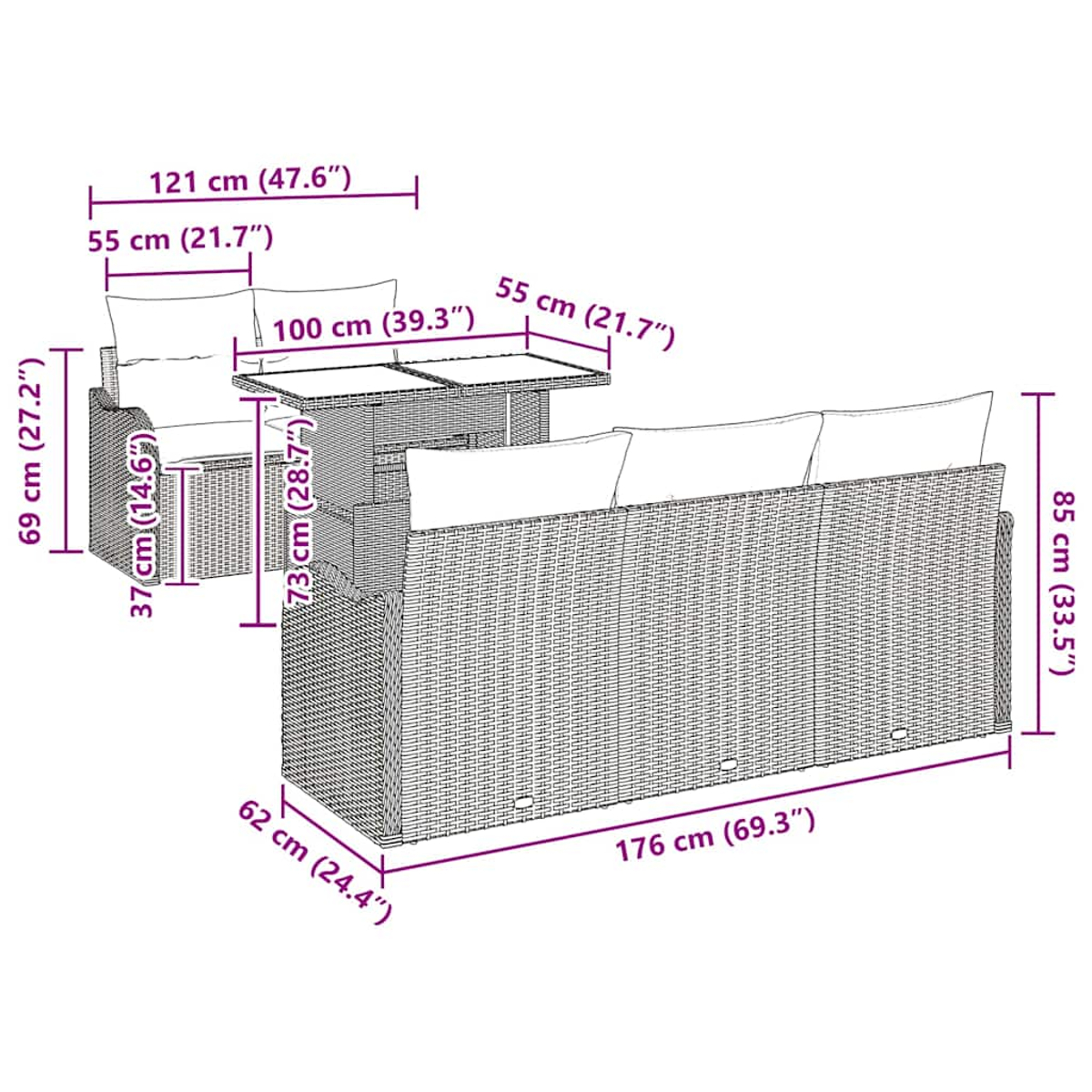 Diagramm eines Outdoor-Sofas und -Tisches im Wicker-Stil mit Maßangaben in cm und Zoll.