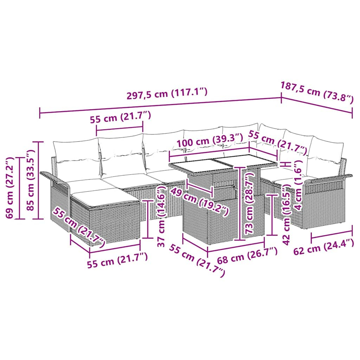 Ein Gartenmöbelset aus Weide mit Tisch und Ecksofa. Maße sind angegeben. Beige Kissen.