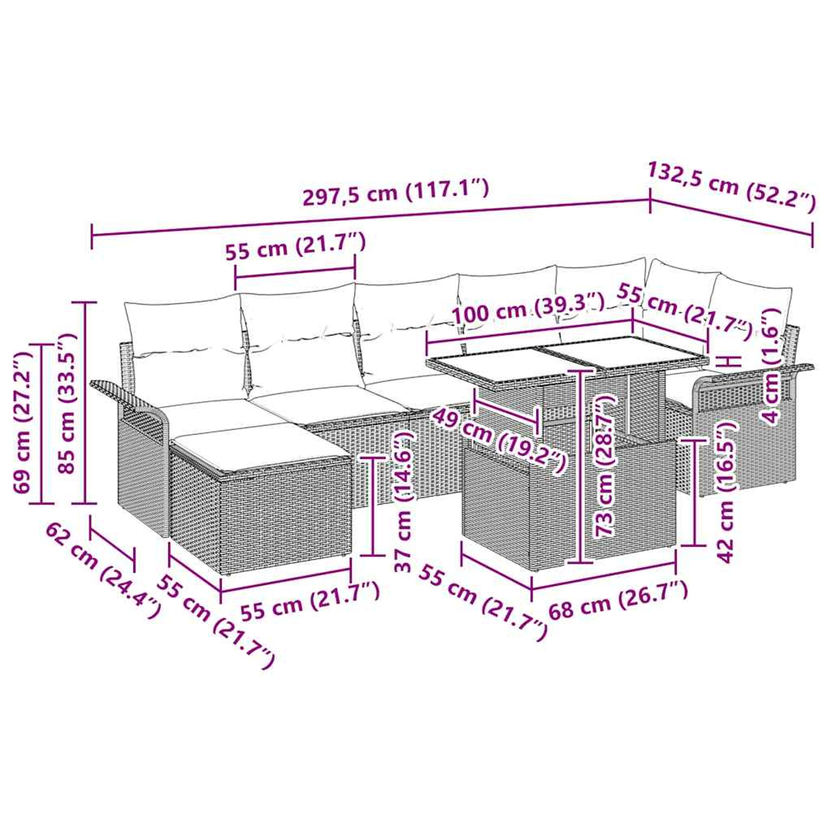 Rattan-Outdoor-Sofagarnitur mit Tisch und Abmessungen.
