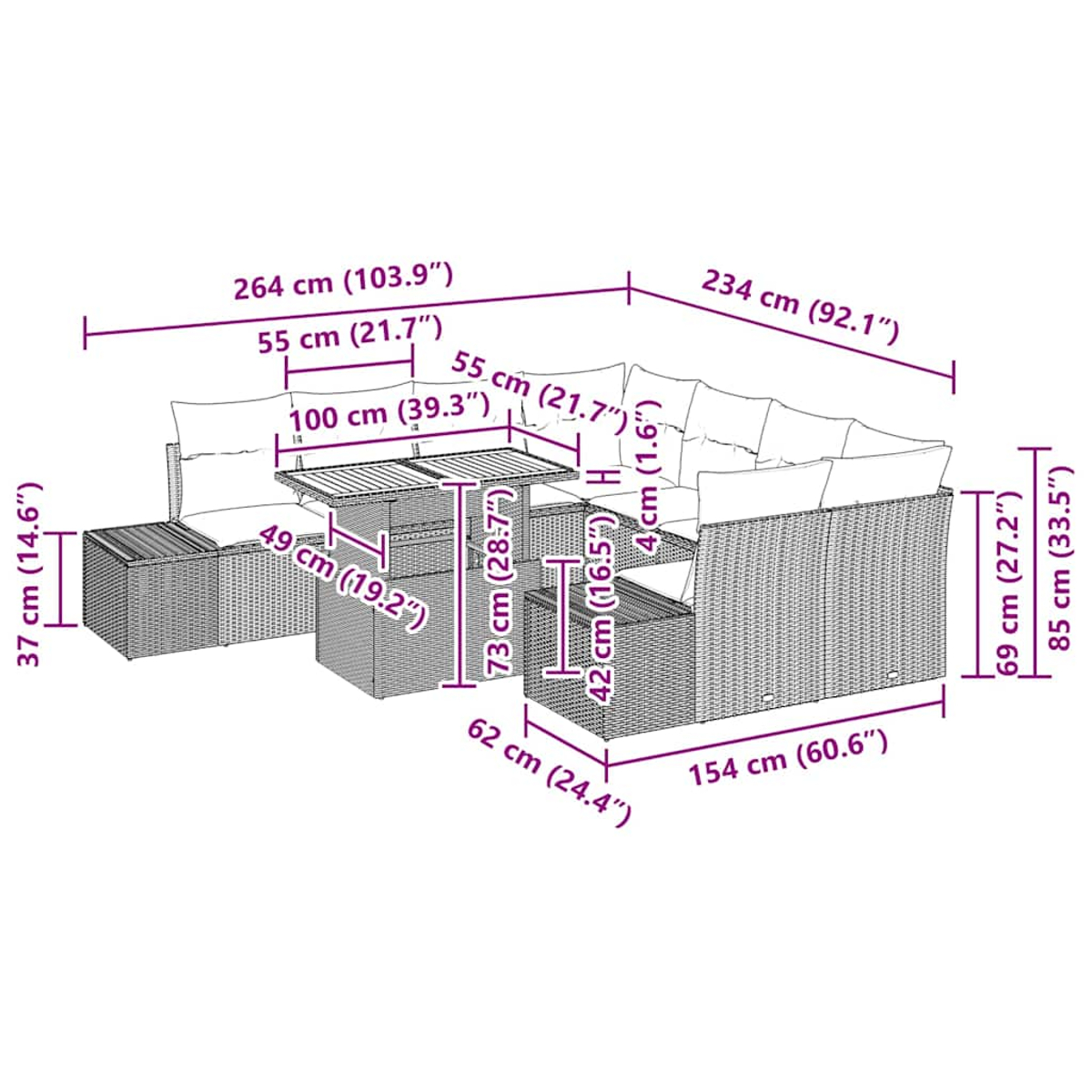 Gartenmöbel-Set mit Maßen. Enthält Tisch, Stühle und Sofa. Das Set besteht aus gewebtem Material.