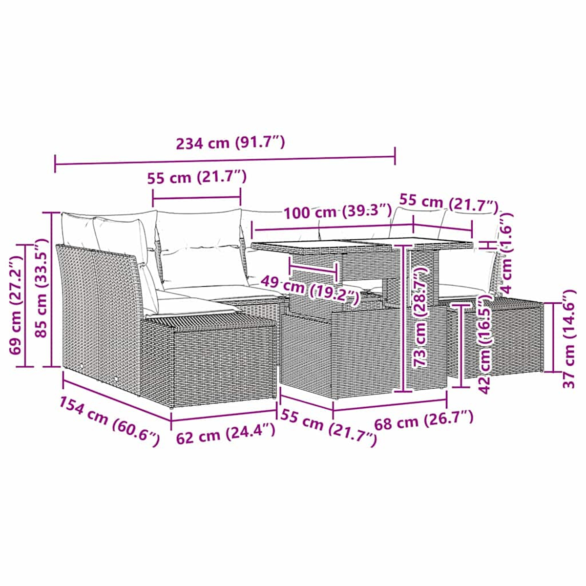 Rattan-Outdoor-Sofagarnitur mit Tisch und Abmessungen.