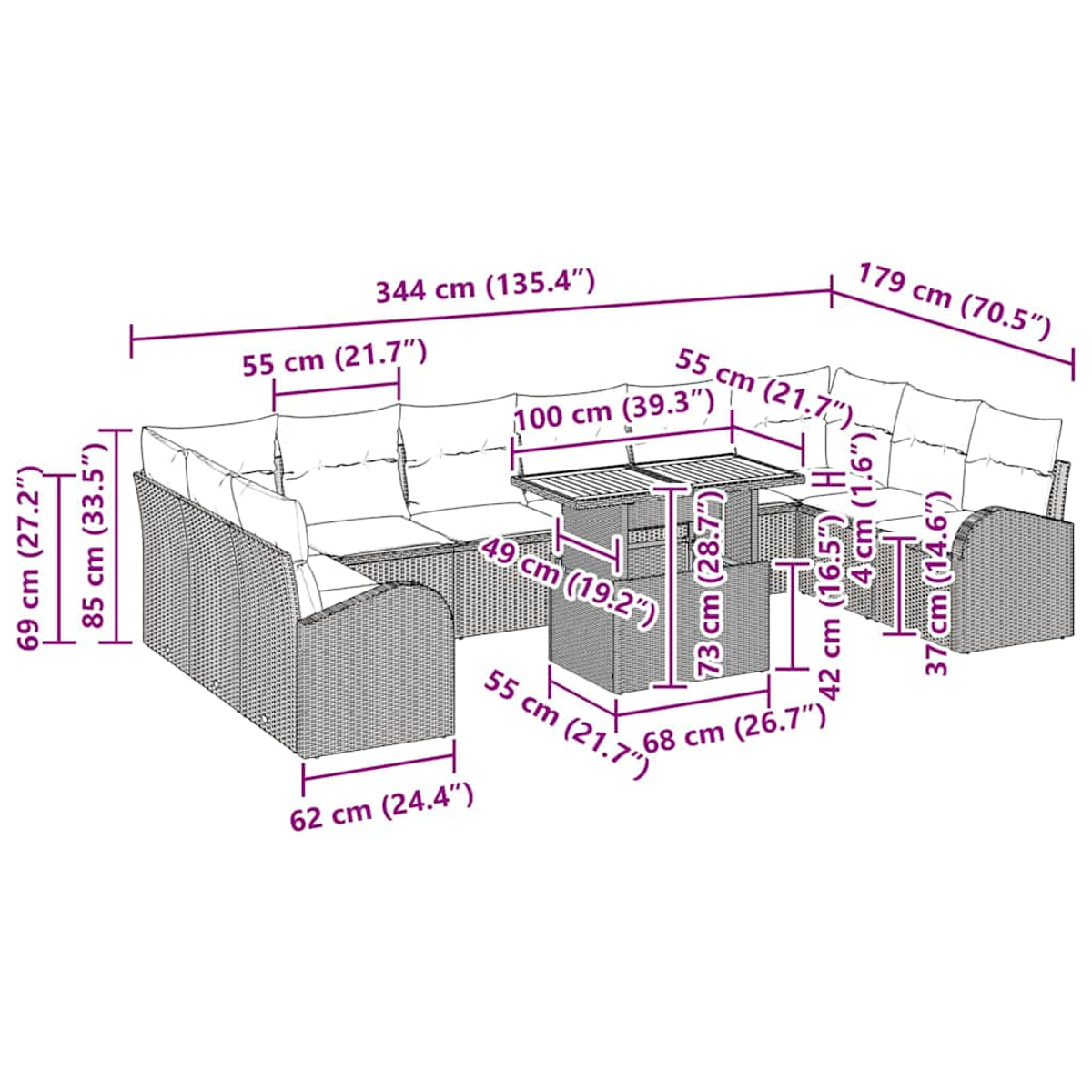 Geflecht-Terrassenmöbel mit Tisch und Sofa, mit Maßangaben in cm und Zoll.