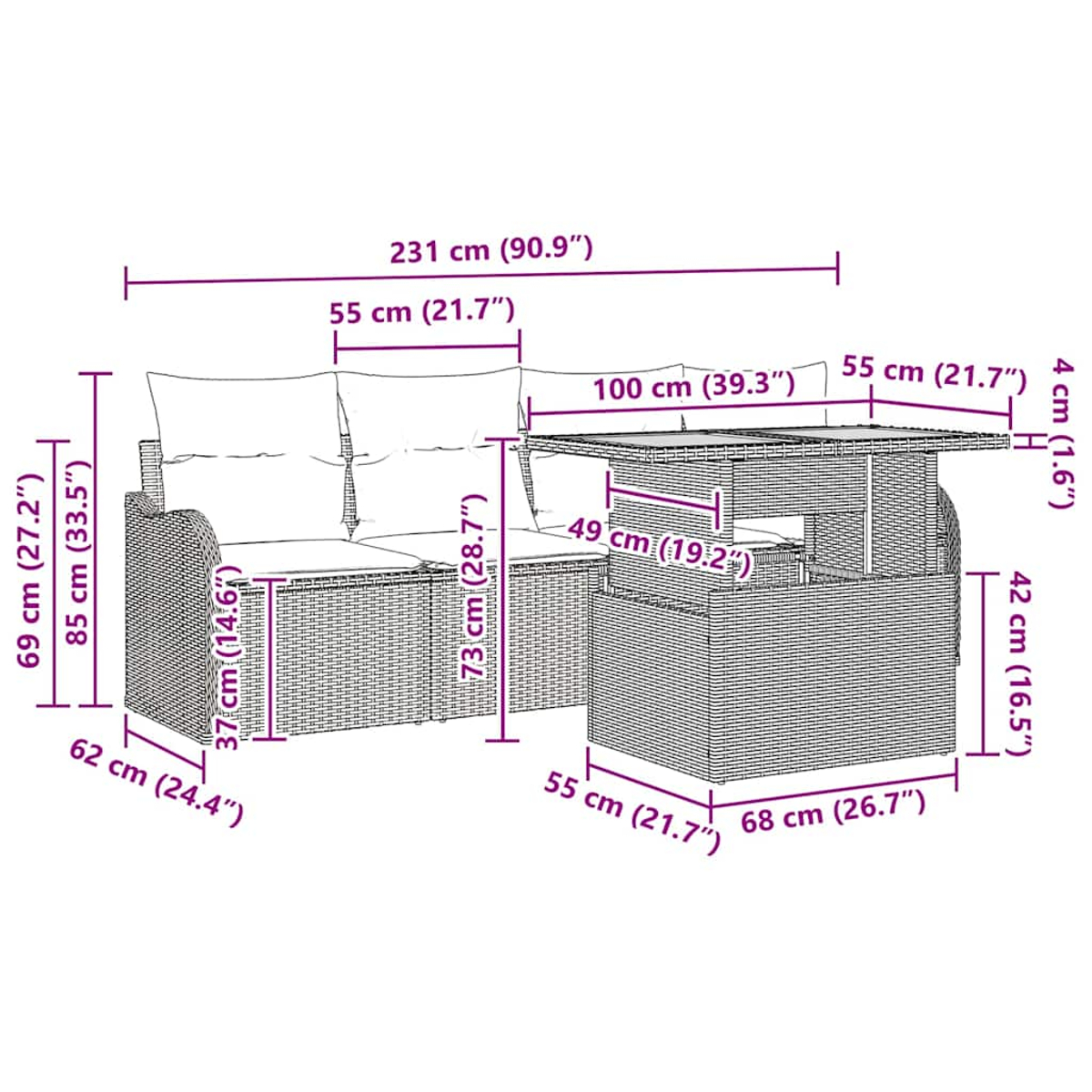 Geflecht-Terrassenmöbel mit Tisch und Sofa, mit Maßangaben in cm und Zoll.
