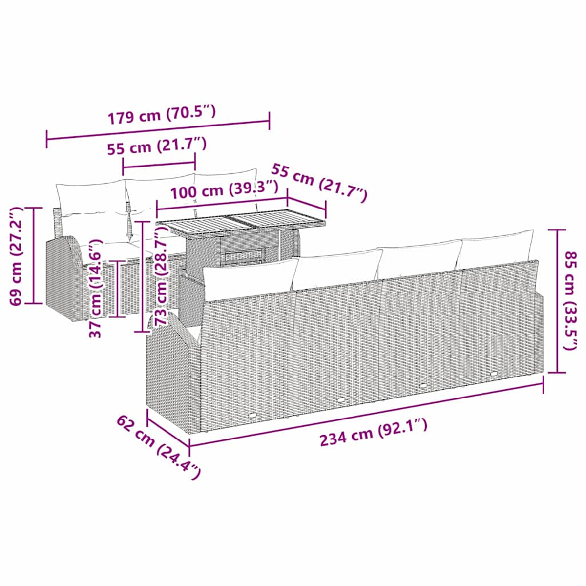 Geflecht-Terrassenmöbel mit Tisch und Sofa, mit Maßangaben in cm und Zoll.