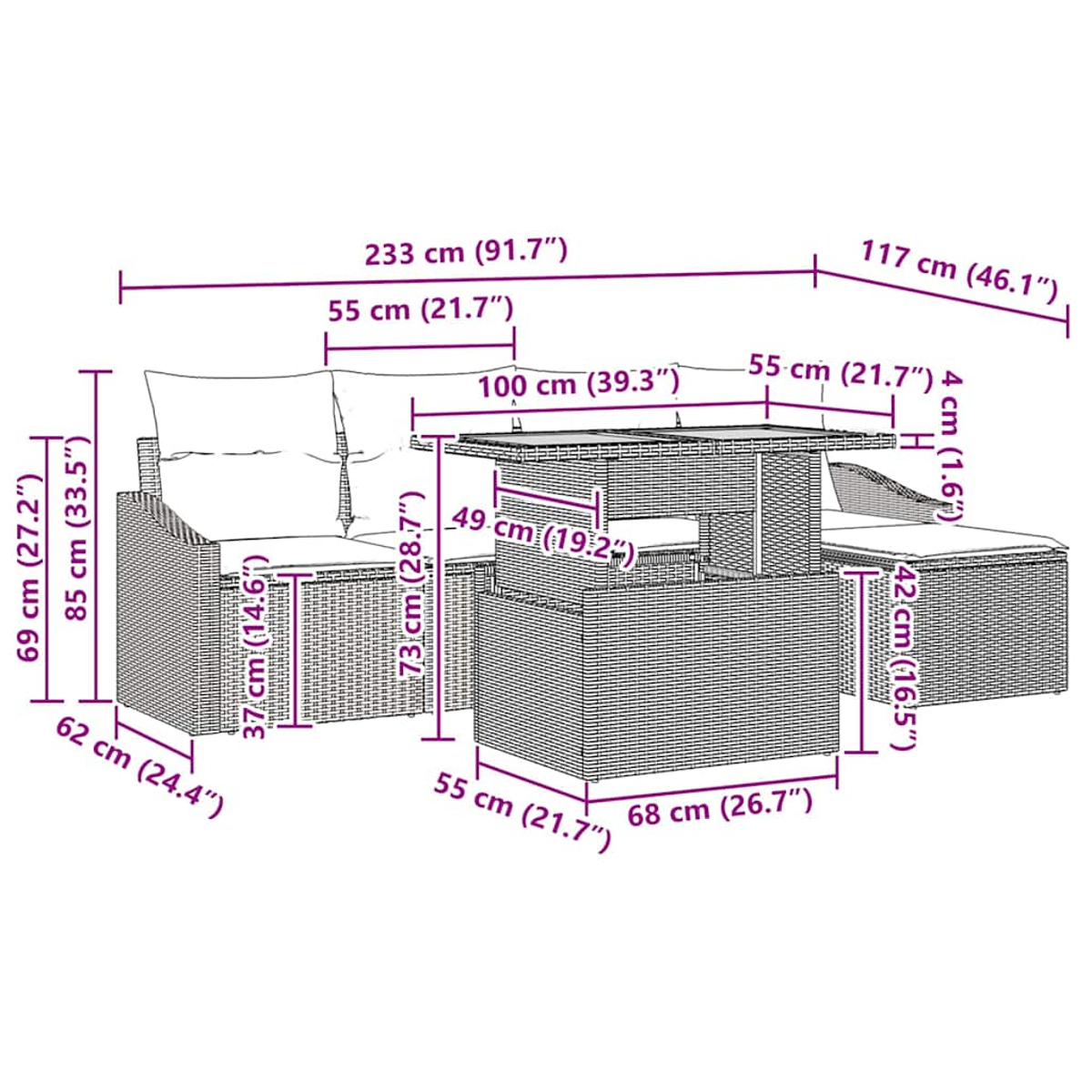 Gartenmöbel-Set mit Maßangaben. Enthält Sofa, Tisch und Ottoman in einem Flechtmuster.