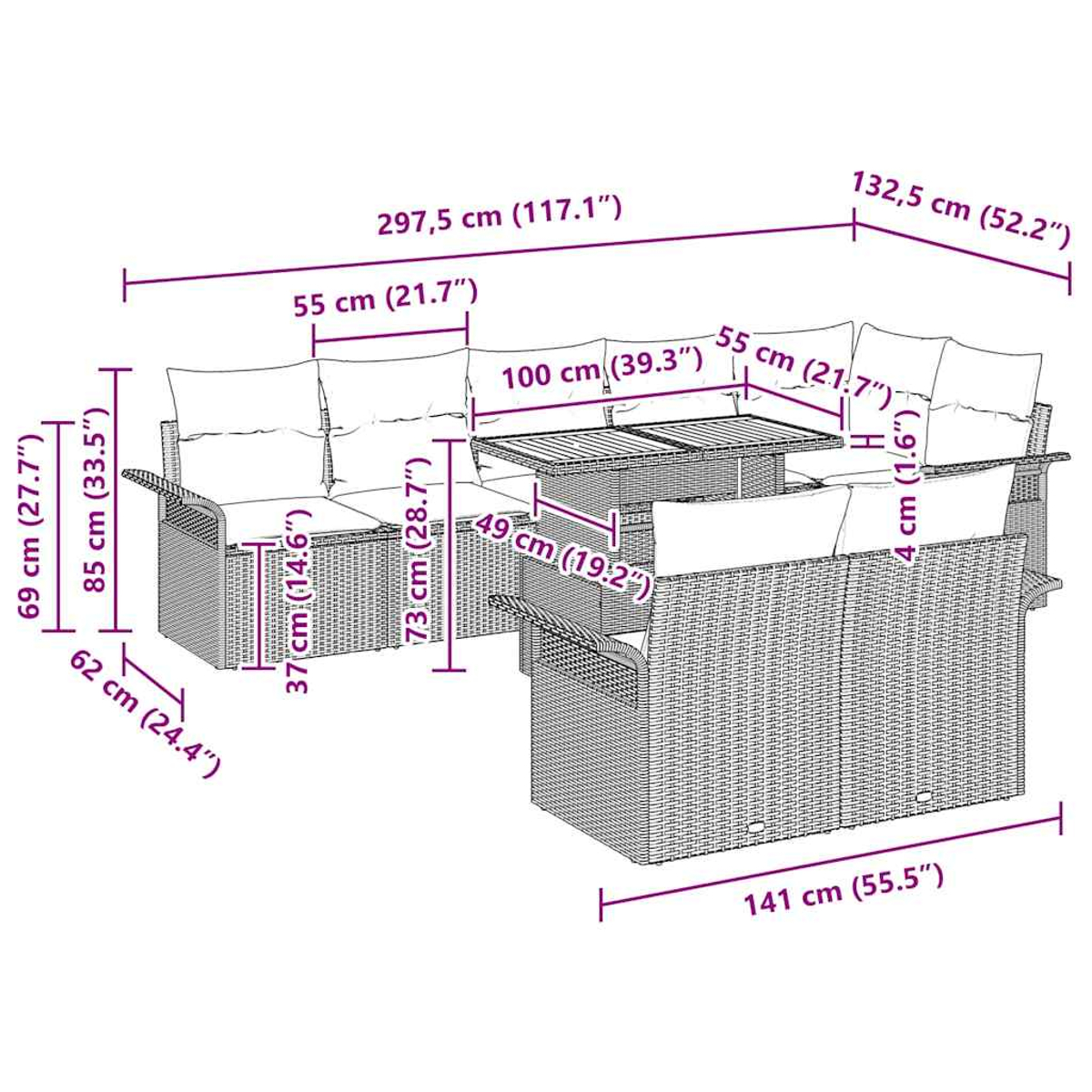 Gartenmöbel-Set mit Maßangaben. Enthält Sofa, Tisch und Ottoman, alle mit Flechtmuster.