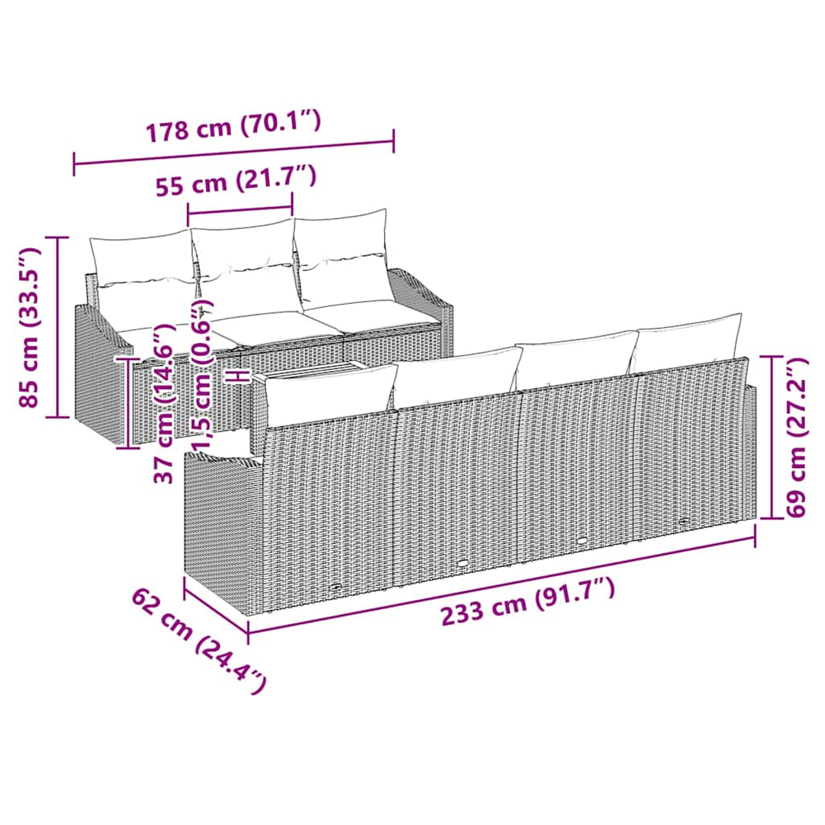 Ein Rattan-Gartenmöbel-Set mit Sofa, Tisch und kleinem Hocker. Maße sind in cm und Zoll angegeben.