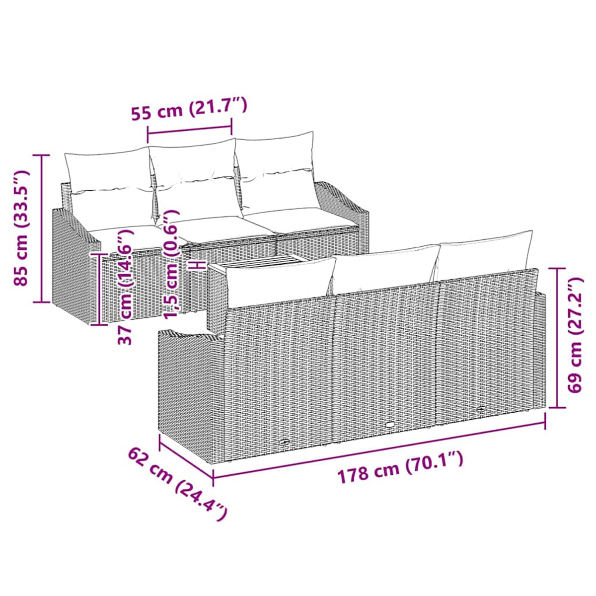 Ein Outdoor-Wicker-Sofaset mit weißen Kissen und Abmessungen in cm und Zoll.